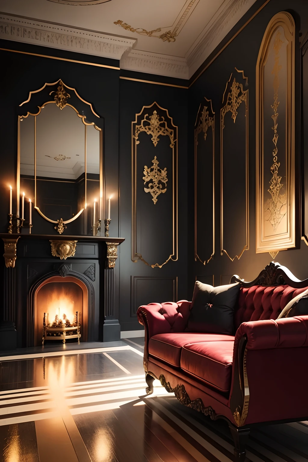 Imperial Gothic living room with fireplace, Black walls with gold and red decoration, An imperial-style sofa with crimson red upholstery and fine gold decoration, sillones estilo trono en las esquinas con tapizado rojo, pisos de marmol rojo y negro y una gran alfombra roja con decorado negro. Ceiling flared with stained glass Dim candle lighting on the walls, en la pared, y grandes ventanas, en el exterior es de noche