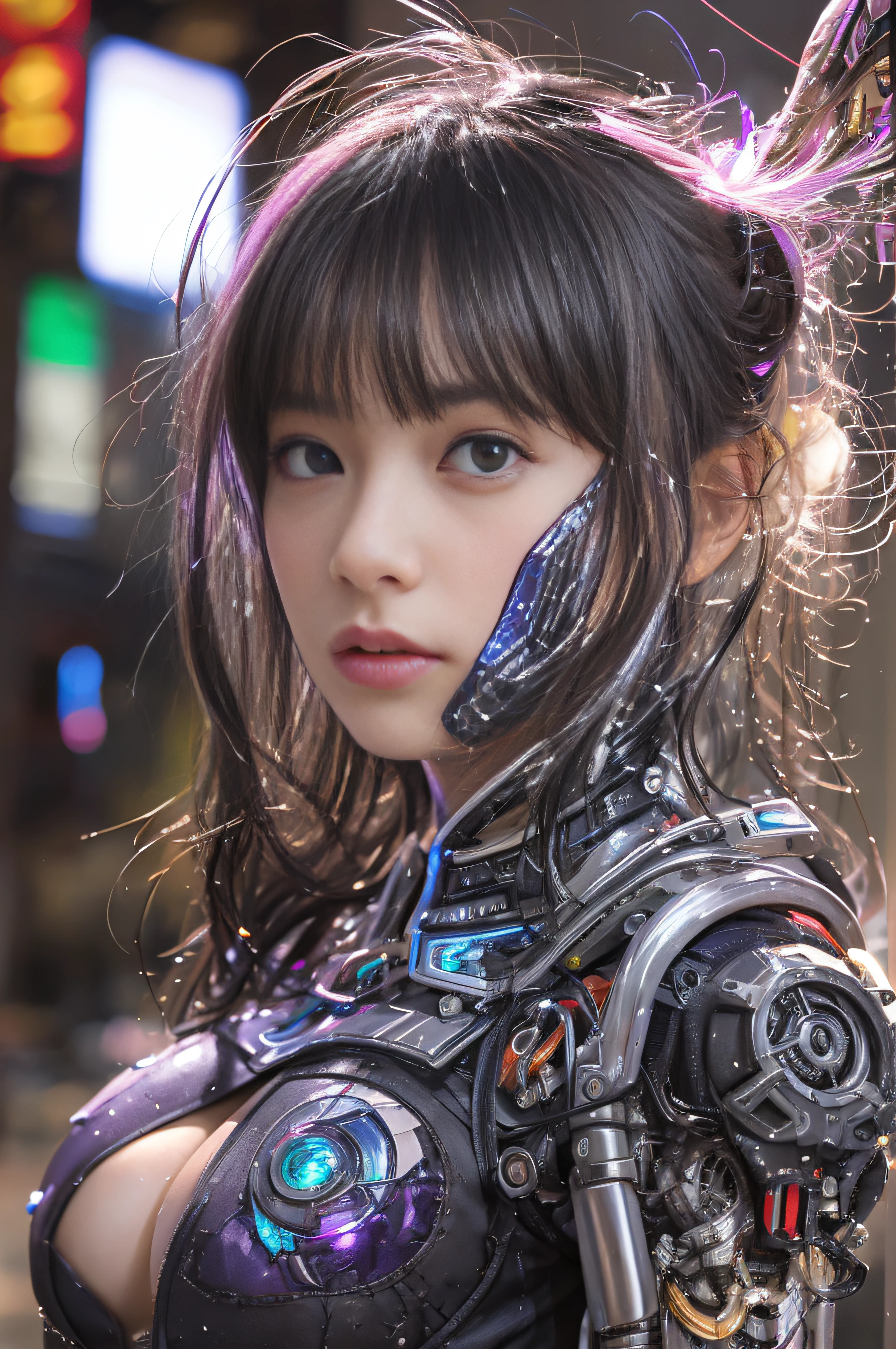 top-quality、masterpiece、超A high resolution、(Photorealsitic:1.4)、Detailed CG image quality、女の子1人、(sad Facial expression:1.4)years, Black hair、glowy skin、1 Mechanical Girl、((super realistic details))、portlate、globalillumination、Shadow、octan render、8K、ultrasharp、(Small breasts)、Raw skin is exposed in cleavage、(Hard erection:1.4), metals、( looking upwards:1.4), (Wet :1.2), (Robot hand grabs my chest), Details of complex ornaments、Japan details、highly intricate detail、Realistic light、CGSoation Trends、a purple eye、radiant eyes、Facing the camera、neon details、Mechanical limbs、rawhide exposed on the back,,、mechanical cervical attaching to neck、Running、Wires and cables connecting to the head、Gundam、Small LED lamp、Cyberpunk City, purple color lighting,