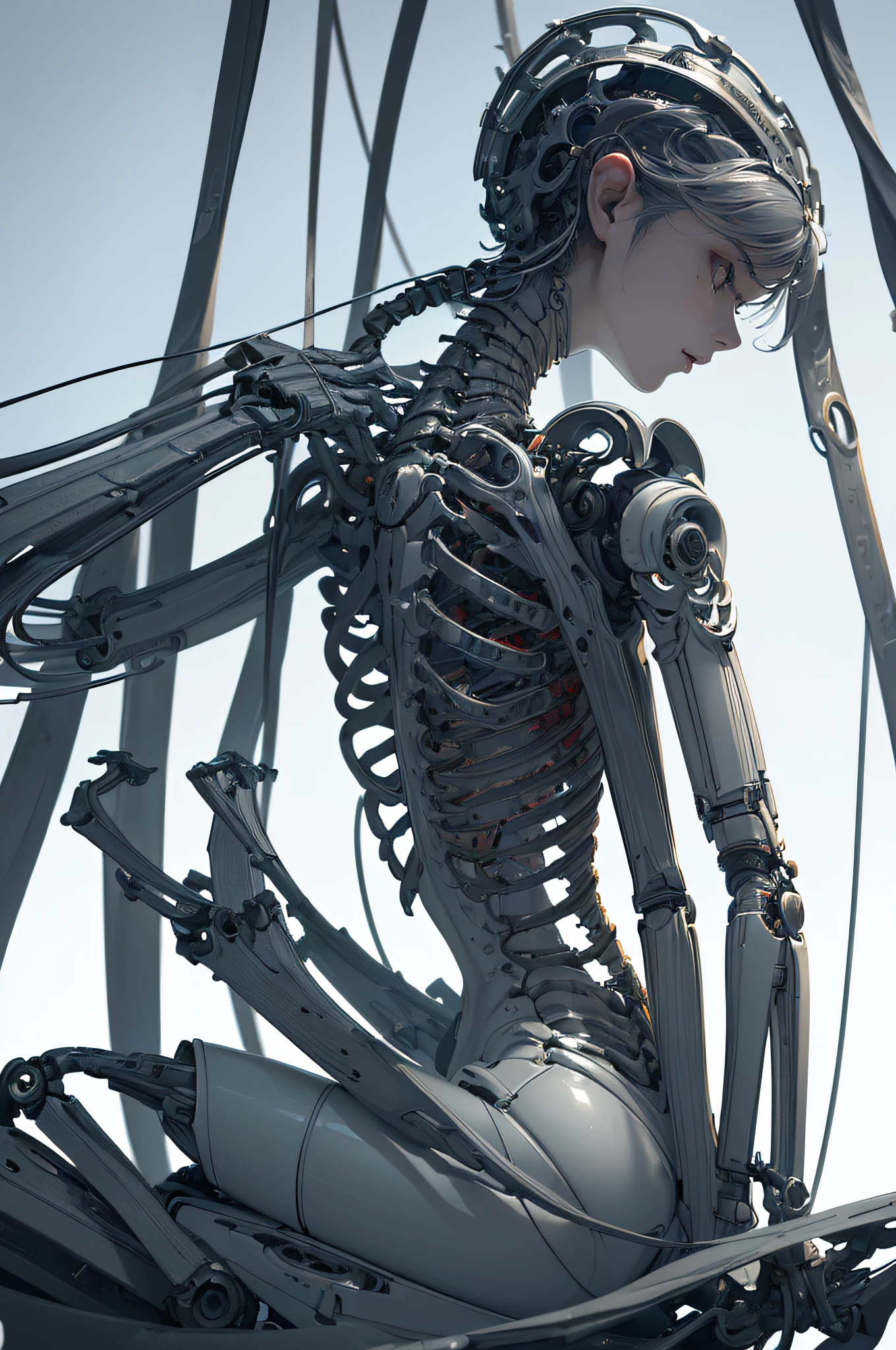 (((masterpiece))), ((((best quality)))), (((ultra-detailed))), (highly detailed CG illustration), ((an extremely delicate and beautiful)),(cute delicate face),cinematic light,((1mechanical girl)),solo,full body,(machine made joints:1.4),((machanical limbs)),(blood vessels connected to tubes),((mechanical vertebra attaching to back)),((mechanical cervial attaching to neck)),((sitting)),expressionless,(wires and cables attaching to head and body:1.5),(character focus),science fiction