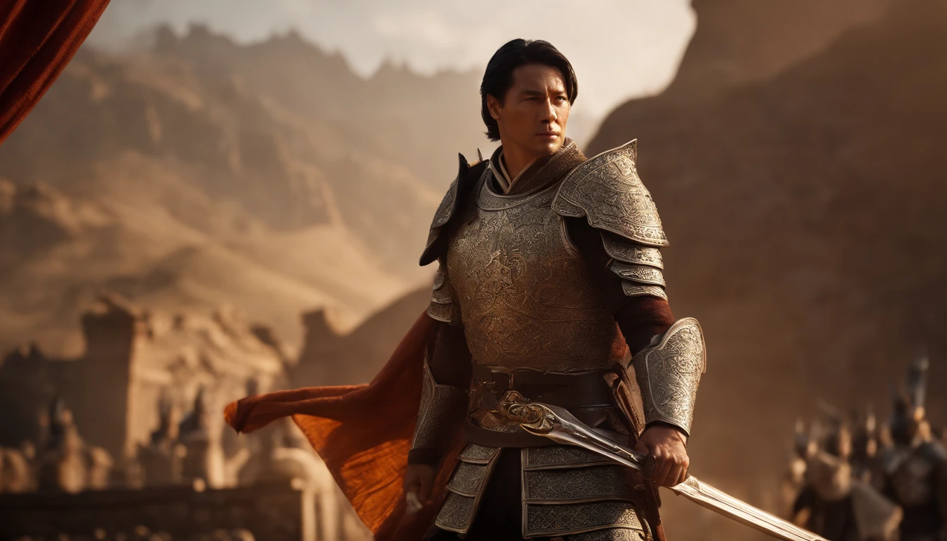 (absurderes, Intricate details, Masterpiece, Best quality, very high res, 4K), 1 male, , Magnificent, Middle aged,armor, Fine armor texture, with short black hair, Amber eyes, Carry a big sword on your shoulder, Dominate the camera, army, Array, Detailed background, (Light fantasy theme:1.1), on focus, Fiery sun, Sunshine, battlefiled, City gate tower, Divine aura, Bright and realistic lighting, 废墟, Intense atmosphere, Flags full of mountains, Armory, There are flying dragons in the distance, Depth of field, vfx. wearing an eye mask