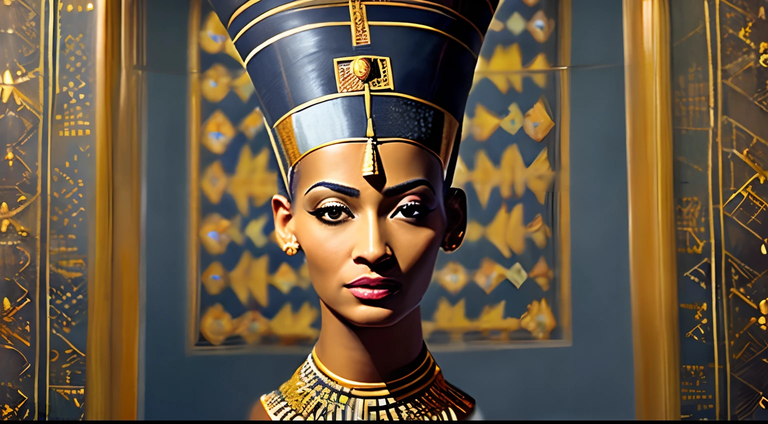 Create a background that represents Egyptian culture, with drawing of Nefertiti surrounded by hieroglyphs and symbols of beauty, like the lotus flower and the beetle. Use a vibrant color palette, incluindo azul, gold and red. Ao fundo, include silhouettes of pyramids and temples, with a mystical atmosphere that evokes the spirituality of Ancient Egypt