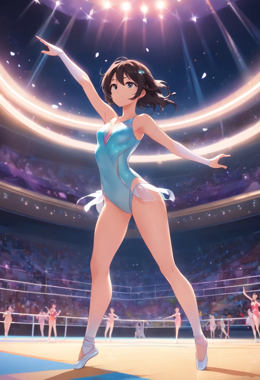 Standing with one leg raised high、No panties、 genitals are showing through、Glossy pure white rhythmic gymnastics leotard、sexy pose、no-bra、huge tit、Shiny black long hair、Shameful、Rhythmic gymnastics arena