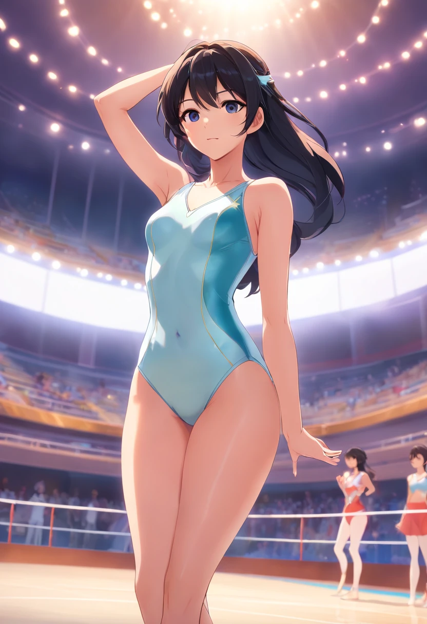 Standing with one leg raised high、No panties、 genitals are showing through、Glossy pure white rhythmic gymnastics leotard、sexy  pose、no-bra、huge tit、Shiny black long hair、Shameful、Rhythmic gymnastics arena