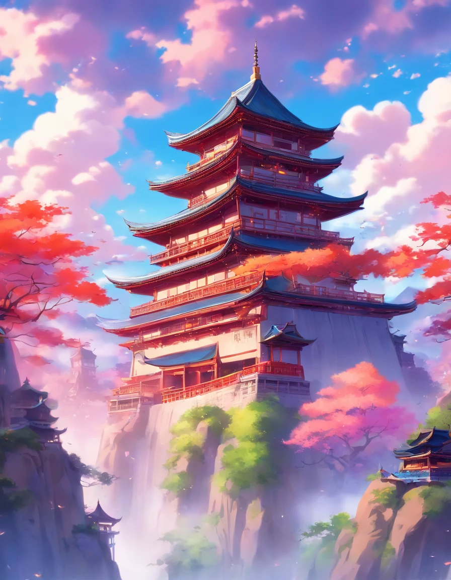 There is a painting，The painting depicts dreamy landscape art, Zen temple background, Oriental fantasy, landscape artwork, Temple background, background artwork, dreamy scenes, Detailed scenery —width 672, dreamy Chinese towns, oriental wallpaper, Chinese landscape, dreamlike digital painting, Atmospheric fantasy sky, dreamy matte painting, surreal dreamscape, Fantasy background