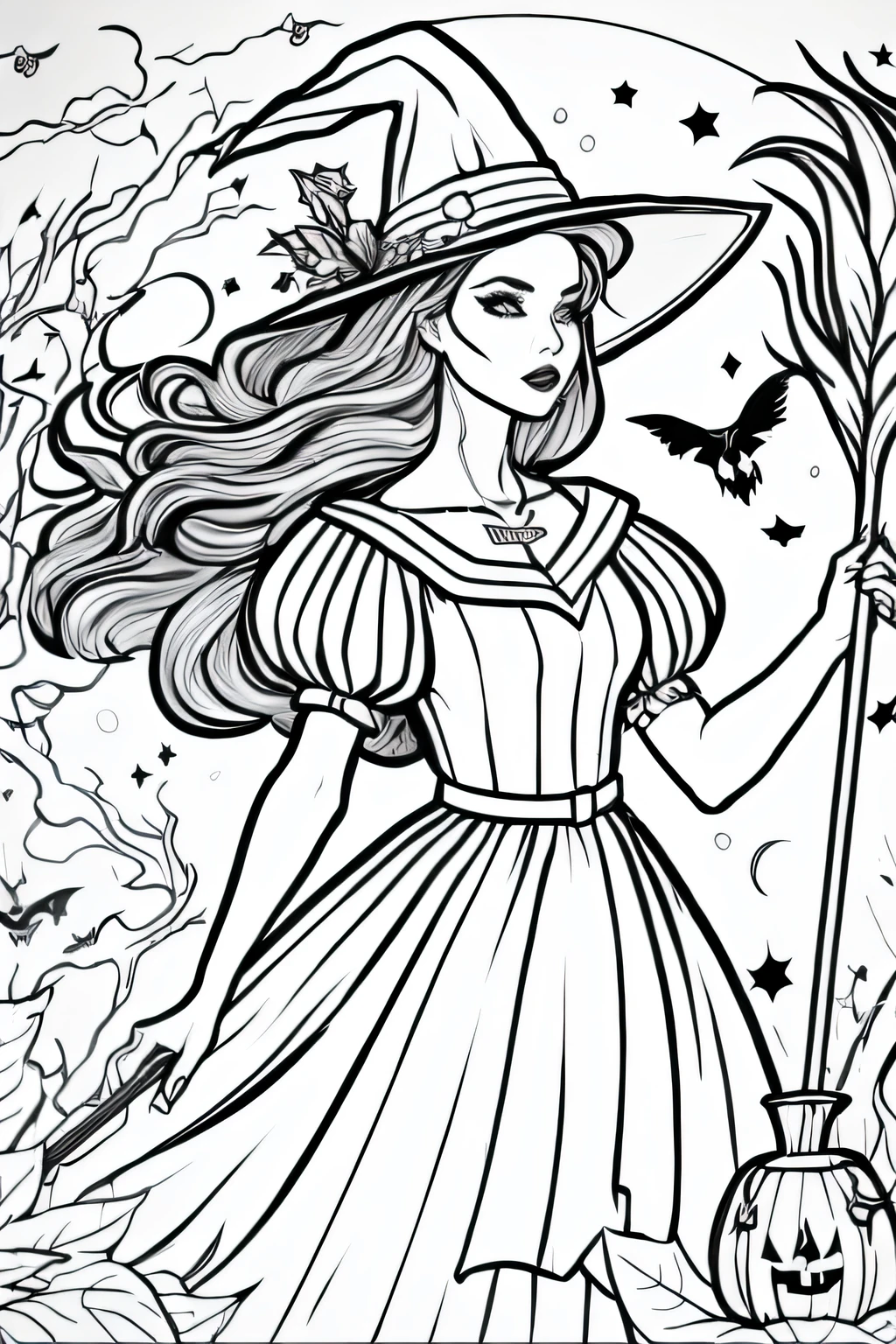 a black and white drawing of a witch with a broom, beautiful witch female, beautiful witch spooky female, coloring book outline, beautiful female witch, witch woman, classical witch, beautiful cowboy witch, black and white coloring, bold lineart, line art colouring page, witch girl, coloring book page, colouring pages, witch in the woods, detailed line art
