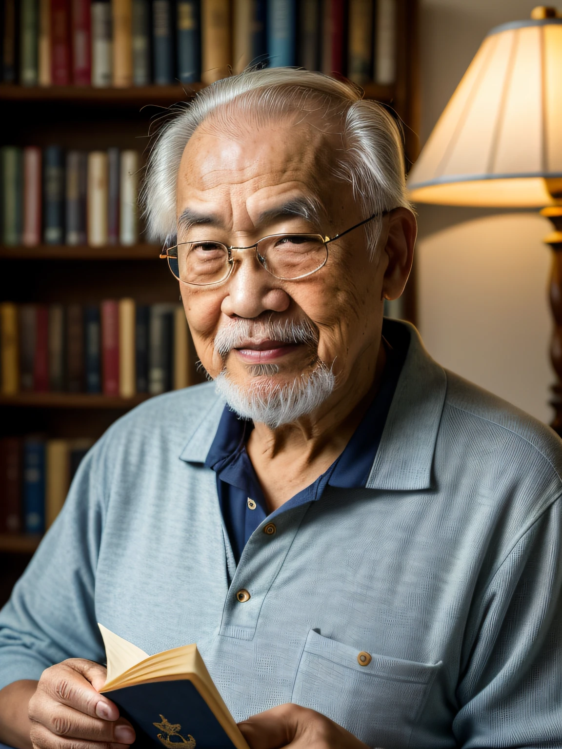 Hyper-Resolution, Ultra photo realsisim, cinema shot, Vignette, Portrait of an 80-year-old Asian man,Look at the viewer,An elderly Asian man,Books in hand,Spiritual old man,Single image,Thin and thin, Old blue eyes, Short white hair, Bookshelf background,White Viking beard, Narrow face,dark-skin, Wide shoulders, Weathered by sunlight and water, Gold pattern royal twin peaks, The Royal Chambers camera is focused on the eye, High focal length, Bust photo,Faraway view,Digital SLR, Dark Studio, rim lit, twotonelighting, Dimly lit, low tune, Backlight,
