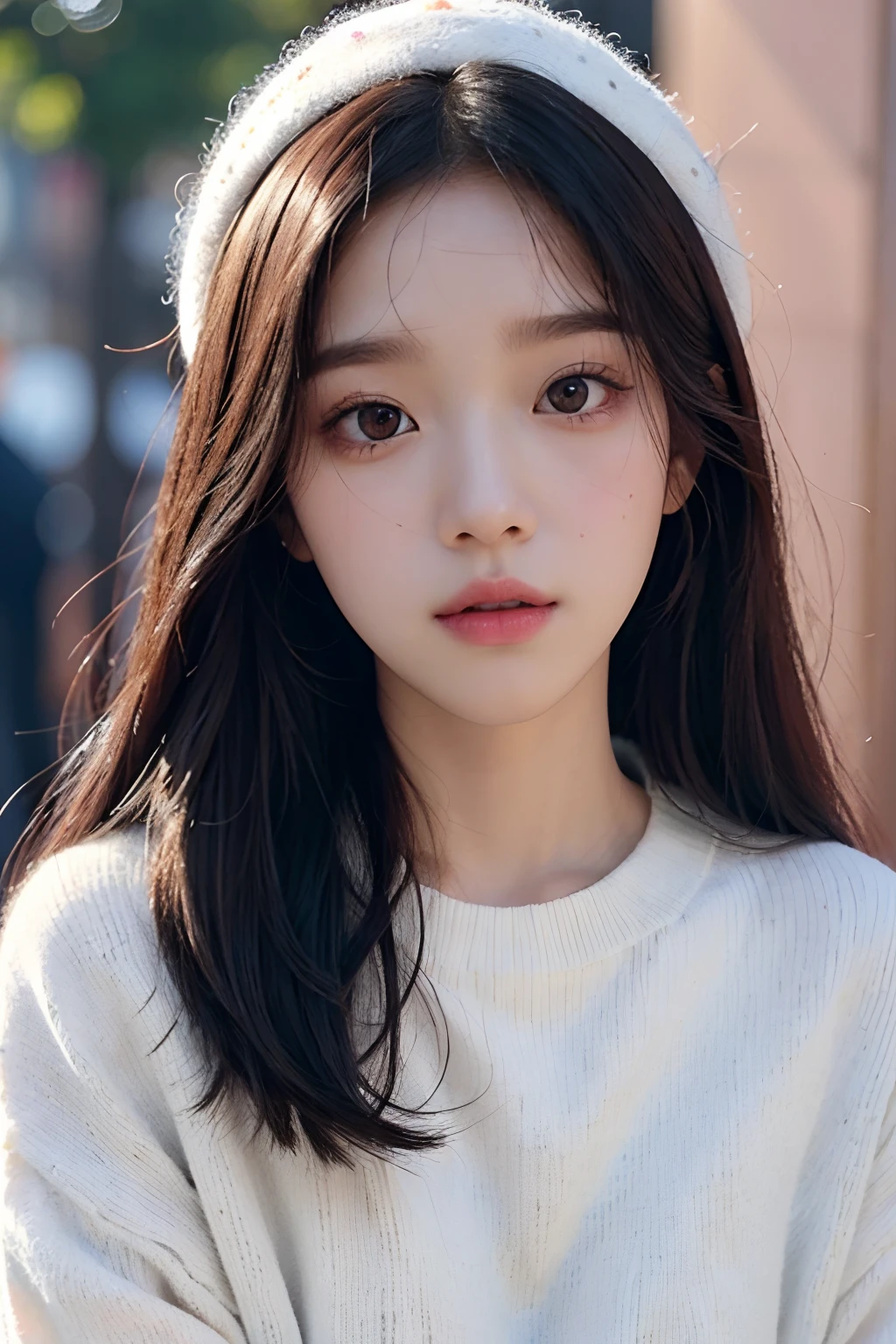 a close up of a person with long hair wearing a white sweater, portrait jisoo blackpink, jossi of blackpink, jisoo of blackpink, jisoo from blackpink, portrait of jossi of blackpink, with round cheeks, jaeyeon nam, wan adorable korean face, with round face, lalisa manobal, she has a cute face, she has a cute expressive face