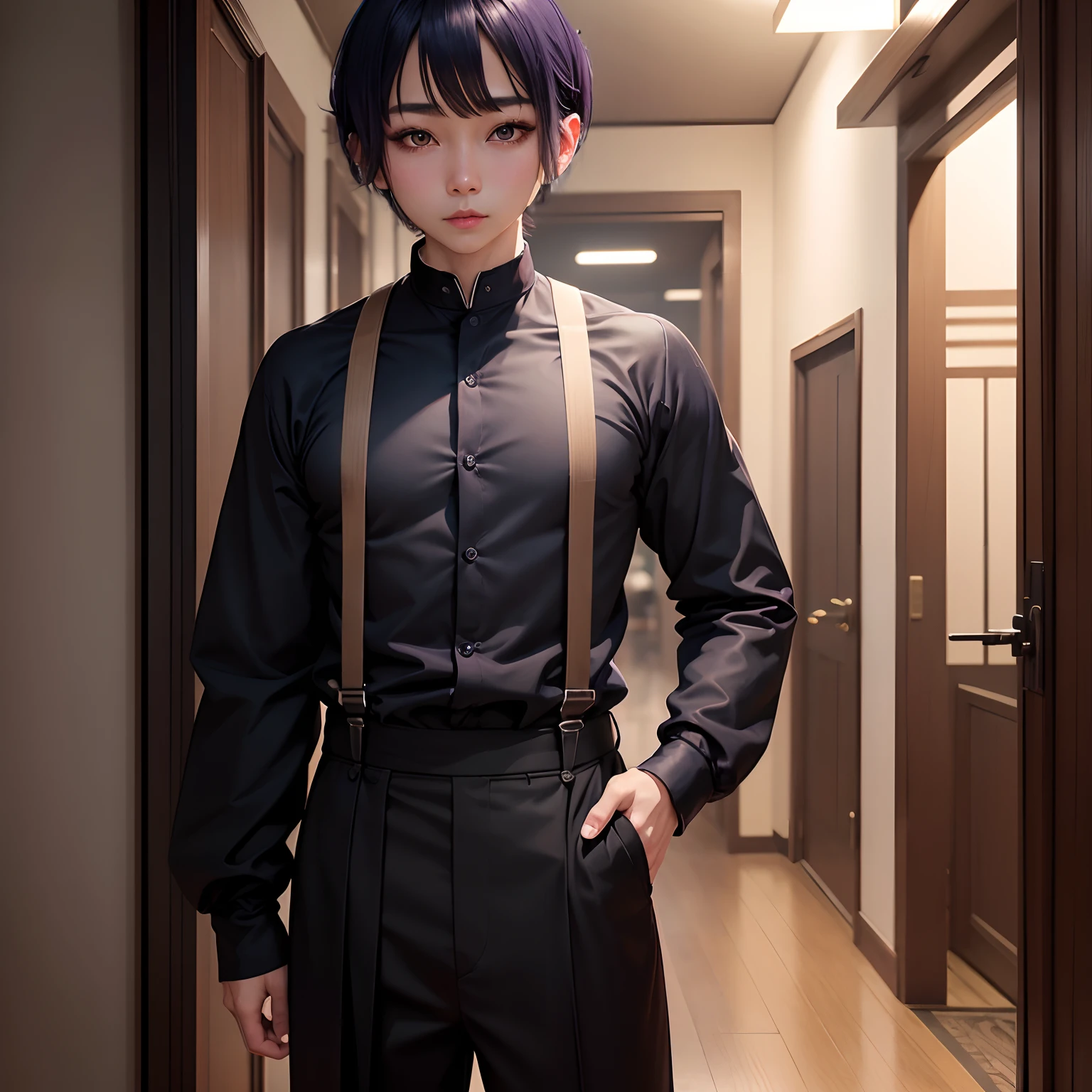 Pearl skin、Indigo short hair,Center division short、beautiful countenance、(8k)、Violet drooping eyes