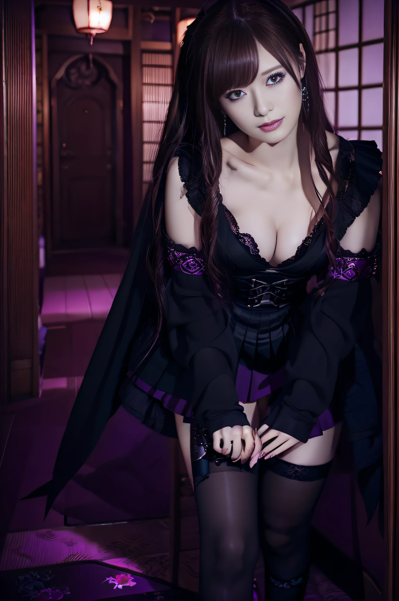 Charming Japanese style beauty、Brown hair、Evil Female Executive、Night city、Move ki、The Darkness、seductiv、brainwash、Retrofit equipment、Evil Fall、wicked、darkness、Purple Eyeshadow、black pantyhose、Evil Bride、Black pleated skirt、Dark