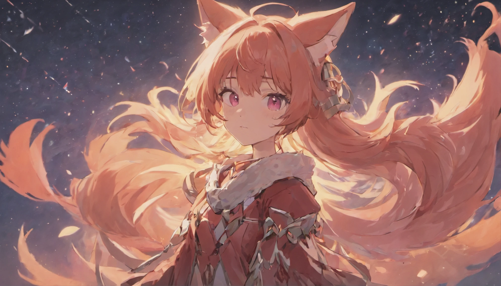 Classic configuration，Anthropomorphic pink fox，tusk，Night sky background，Bright moon，gorgeous costumes，Pupil details，Symmetrical pupils，Pupil Highlights，Clear lines，Shooting stars cross the night sky