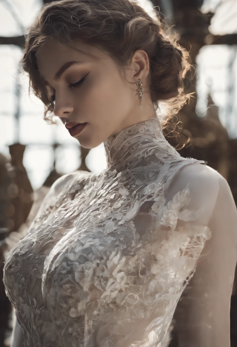 (best quality, realistic, photorealistic:1.37), ultra-detailed, (lighting:1.1), [Cyberpunk, Steampunk], High detail RAW color Photo 3D render of a (1950s woman:1.1) wearing (velvet silicon lace dress:1.1). Her (beautiful detailed eyes, thick eyelashes) shine with (vibrant:1.1) colours. Her (hair:1.1) flows beautifully, cascading down her (thin waist:1.1). She has (thick lips) that add to her beauty, creating an alluring expression on her face. The curves of her (circular chest:1.1) and (curved booty) are emphasized, giving her an elegant posture. (back shot:1.1).cyber tattoos, (cybernetic impalnts:1.2), (detailed skin), silicon, metal, (bloom:0.4), raytracing, subsurface scattering, diffused lighting, (side lighting:0.5), shallow depth of field), photographed on a Canon EOS R5, 85mm lens, F/2.8, sharp focus, smooth, cinematic film still.The (detail:1.1)(intricately detailed, fine details, hyperdetailed) in this image is exquisite, with every strand of hair meticulously rendered. The (lighting:1.1) is carefully designed to highlight the depth and realism, adding a touch of (life:1.1) to the character. The (photorealistic) nature of the render creates a sense of realism, making the character feel alive and tangible. Each intricate detail enhances the overall impact of the image, capturing the viewer's attention. The (best quality, 3D render, ultra-detailed) ensures a visually stunning result, with sharp focus and clarity in every aspect.