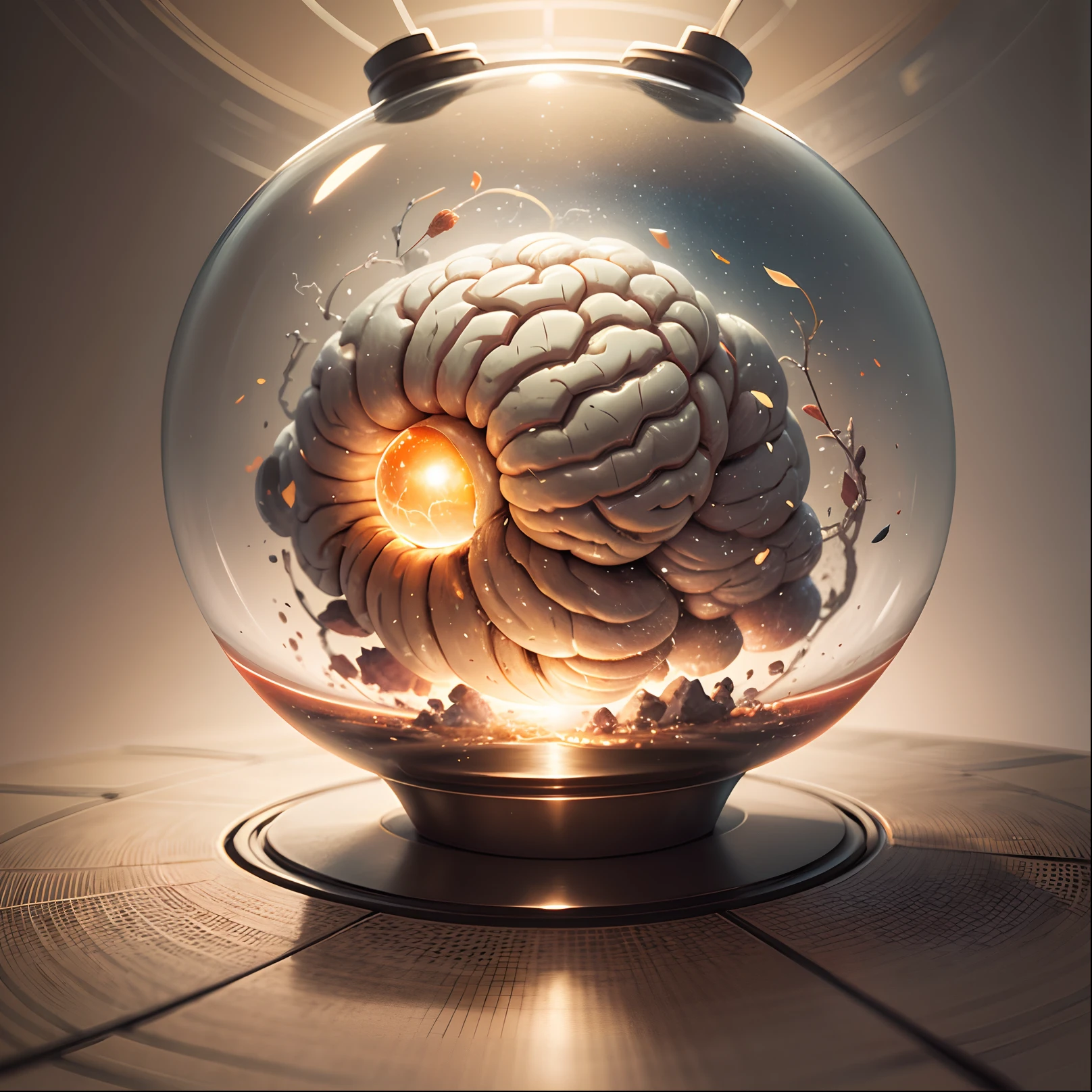 Ultra-detailed,Realistic,Sci-Fi,Floating brain in a glass sphere,Beige color,studio lightning, background Pencil-drawn clothes,detailed lighting --auto --s2