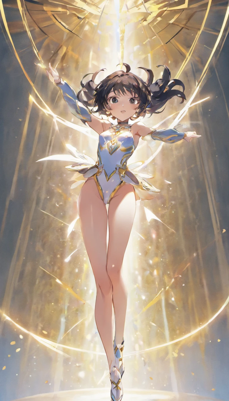 Standing with one leg raised high、No panties、 genitals are showing through、Glossy pure white rhythmic gymnastics leotard、sexy pose、no-bra、huge tit、Shiny black long hair、Shameful、Rhythmic gymnastics arena