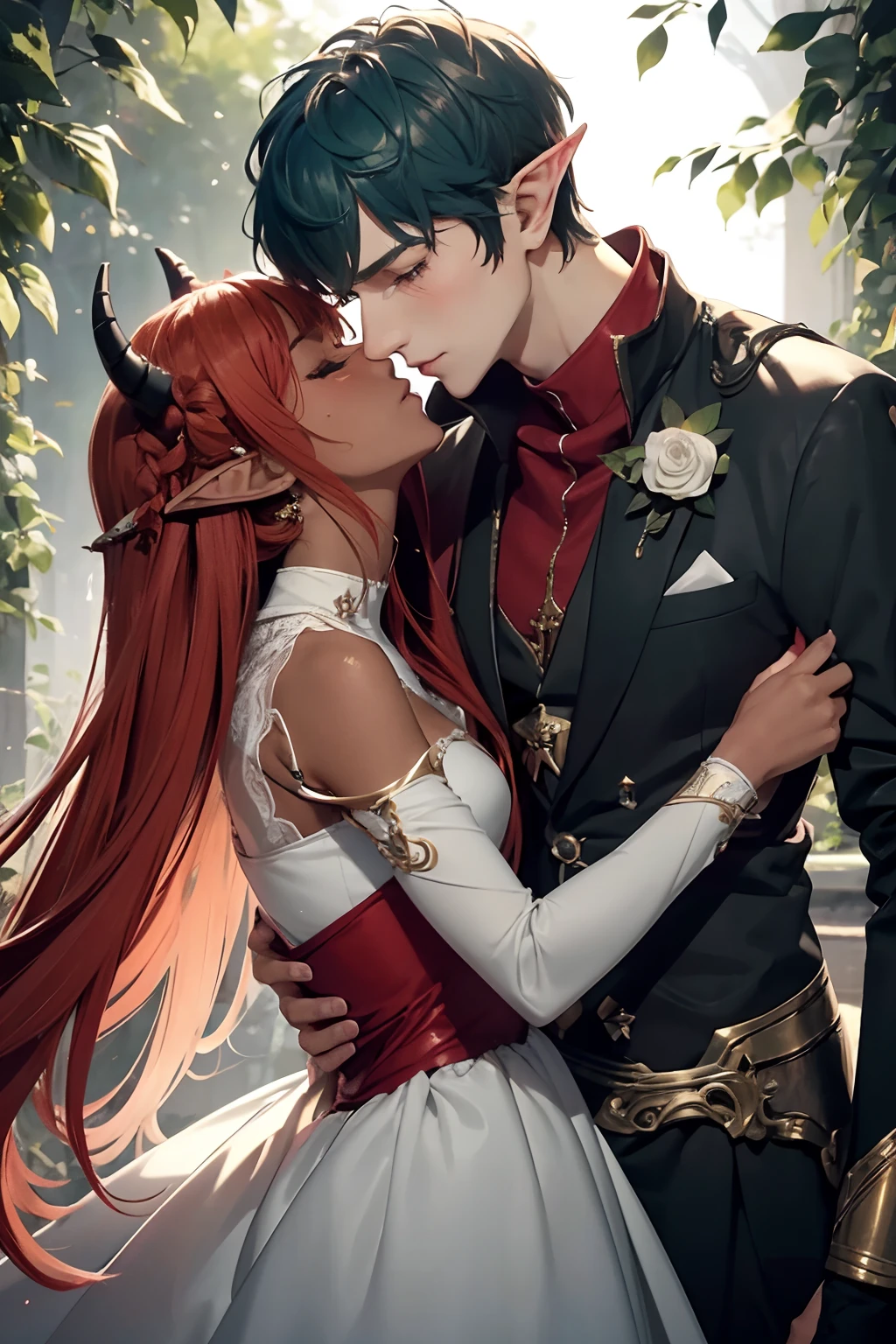 2others, couple, 1boy with 1girl, (Height difference1.3), (detailed noses:1.5), (elf boy with (different hair color)), (daemon-like girl with (red hair and dark skin)), girl with horns, (girl kissing boy), full body, knight and lady, fantasy, closed eyes, detailed, enchanted dark forest, dark fairy tale, unconditional love, emotional connection