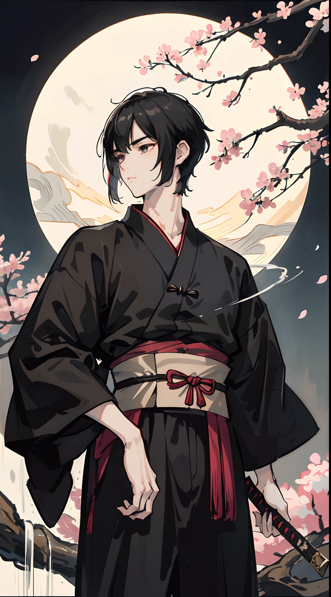 Adult male, black hair,short hair, samurai, holding katana,sakura tree,waterfall, masterpiece:1.5,Traditional Chinese ink,cloud,moon,grass