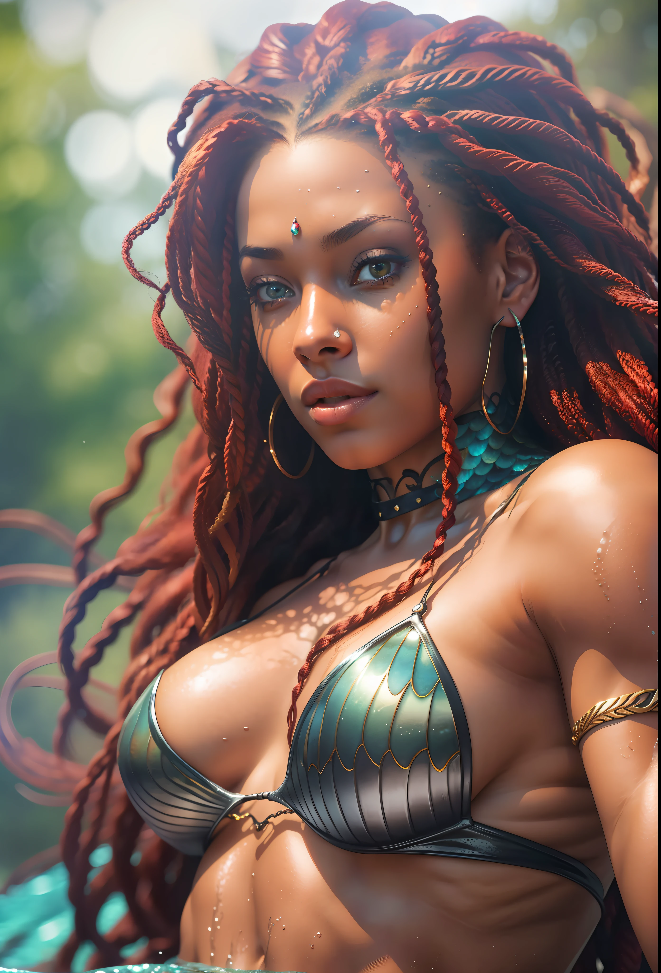 Black mermaid with red braids in long hair, beautiful movie scene, amazing and detailed, best quality, dynamic pose, attractive angle, realistic texture, hair highlight, depth of field, rich contrast.