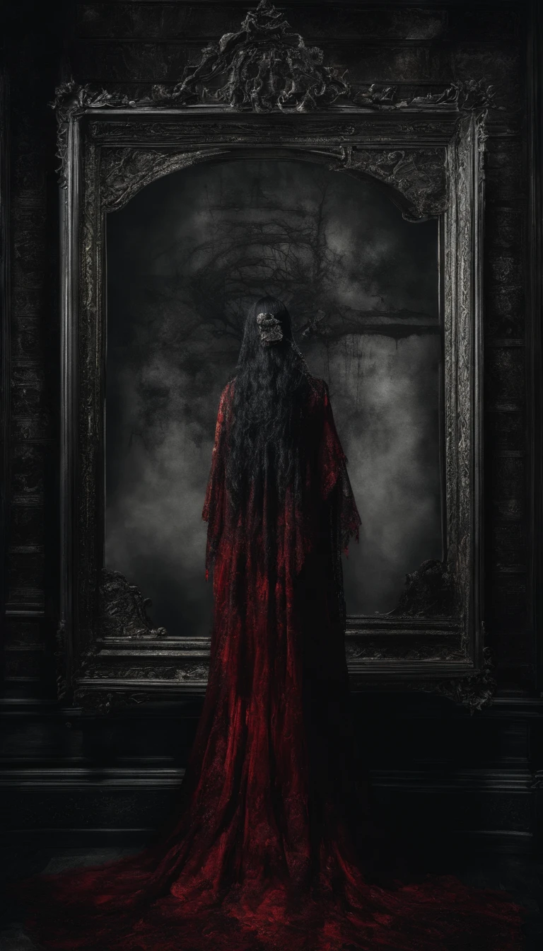 Chinese ghost bride,Blood-red clothes,darkly,An atmosphere of terror,super detailing,Masterpiece, Best quality,Superb quality,, high resolution, An old, ornate mirror in a dimly lit, cobweb-covered room with a ghostly figure reflected in it, setting a spooky atmosphere.