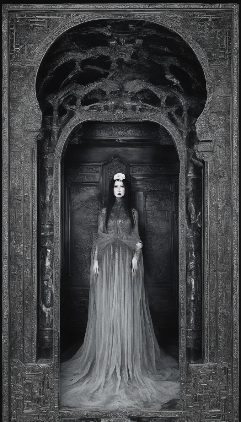 Chinese ghost bride,Blood-red clothes,darkly,An atmosphere of terror,super detailing,Masterpiece, Best quality,Superb quality,, high resolution, An old, ornate mirror in a dimly lit, cobweb-covered room with a ghostly figure reflected in it, setting a spooky atmosphere.
