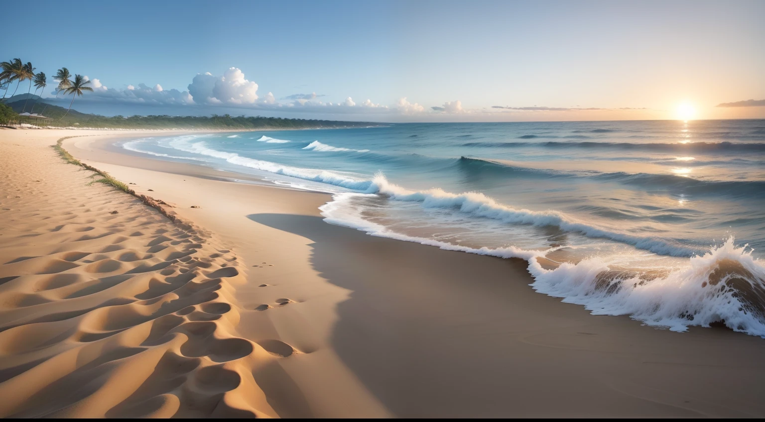 Landscapes、Drama、Photoquality、Beaches in Hawaii、White sandy beach、coconut palms、Ground view、The sun rises from the center、(Photorealsitic:1.4)、(top-quality:1.0)、(超A high resolution:1.0)