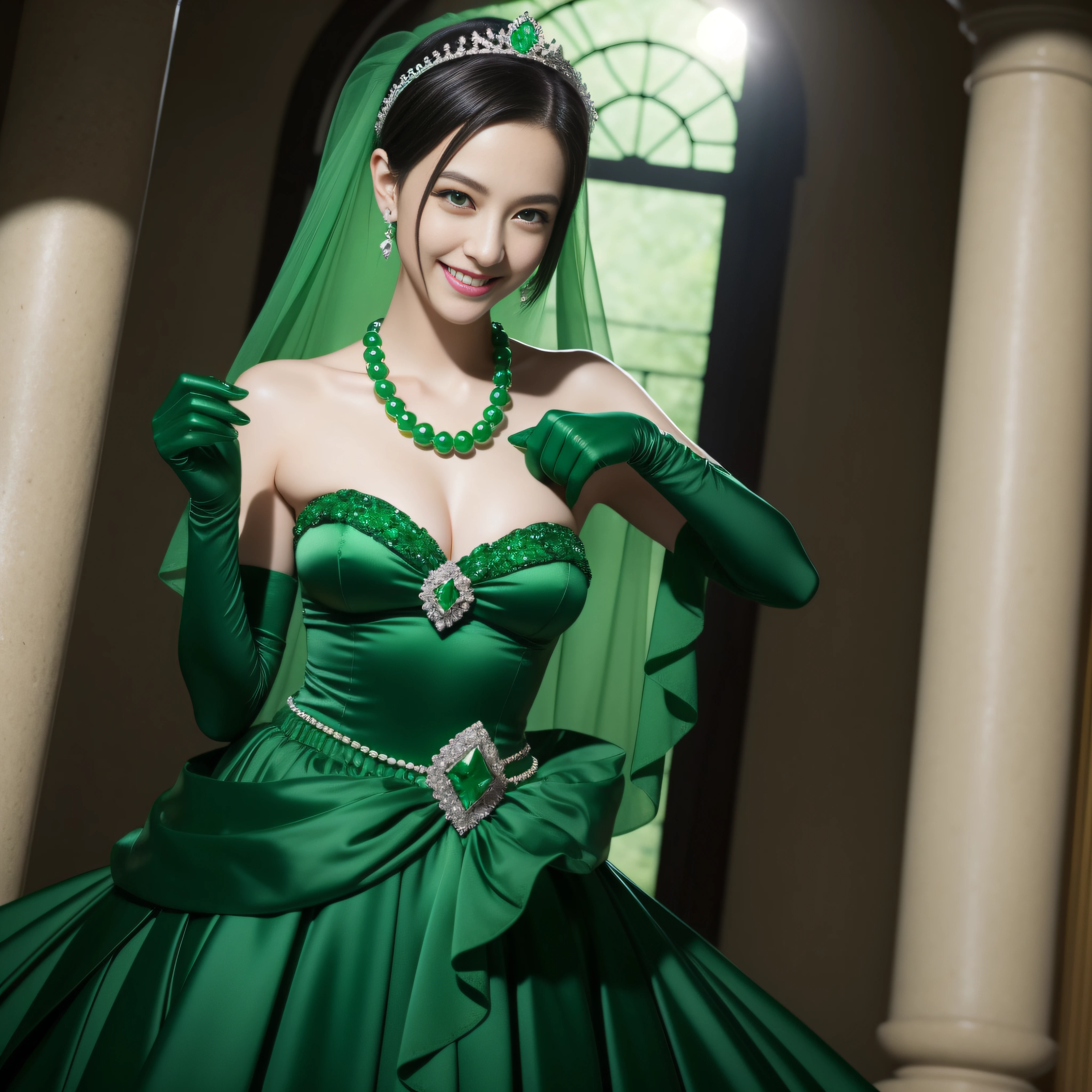 emerald tiara, Green Pearl Necklace, Boyish very short black hair, lipsticks, Japan woman smiling, very very short green hair, big breasts beautiful, Green eyes, Long green gloves made of satin material, Green eyes