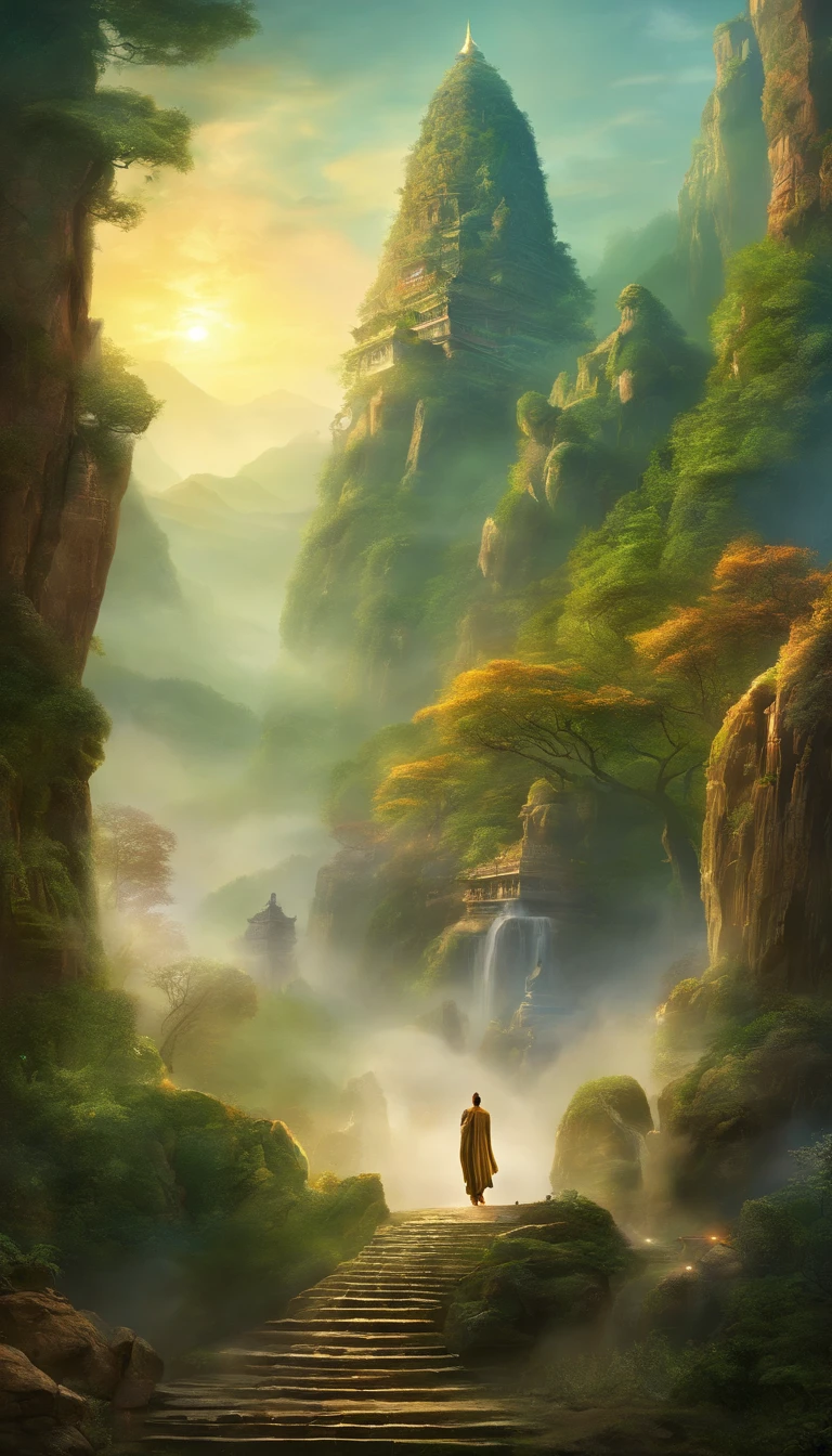 A giant, Realistic depiction of Leshan Buddha, Blend seamlessly with nature, surrealism, Ultra-detailed, Photorealistic:1.37, 3D rendering of, Cinematic lighting, Divine light, Ultra-high definition, Masterpiece:1.2, Textured skin, Best quality, high resolution