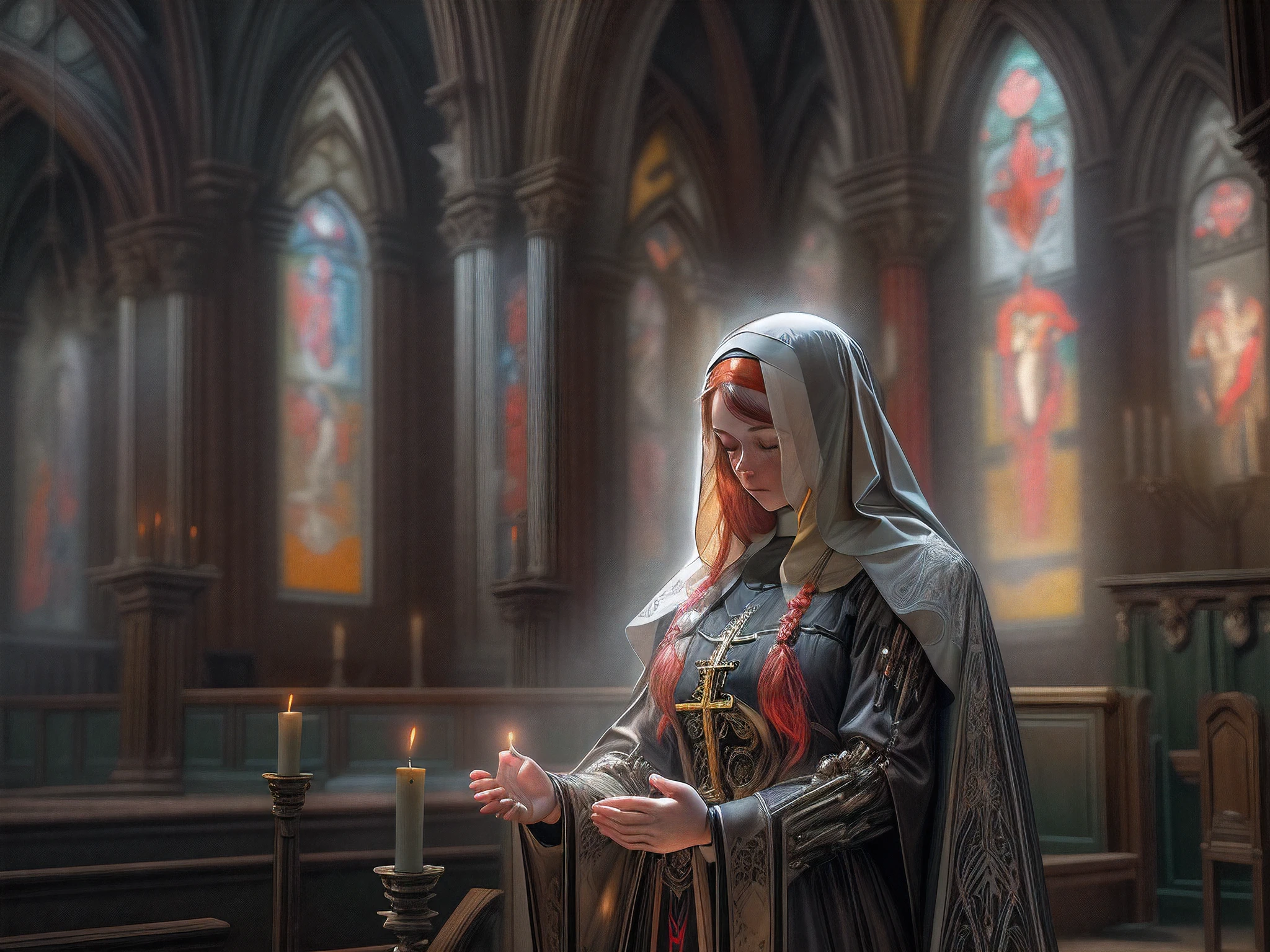 an oil fresco of a (mecha woman nun: 1.3) praying in church, full body, an exquisite beautiful (ultra detailed, Masterpiece, best quality) mecha woman nun, dynamic angle (best detailed, Masterpiece, best quality), best detailed face, ultra feminine, red hair, long hair, braided hair, dynamic eyes color,, (wearing mecha nun habit: 1.4), praying in a goth church, candles light, dim sun rays through church windows, divine rays high details, fantasy art, RPG art best quality, 16k, [ultra detailed], masterpiece, best quality, (ultra detailed), full body, ultra wide shot, photorealistic, mecha musume mechanical parts