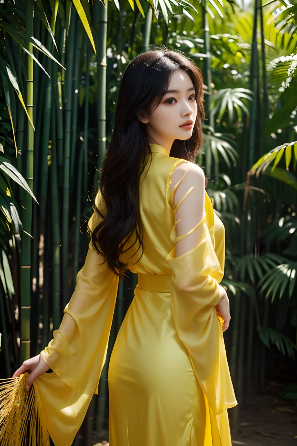 a close up of a woman in a black dress standing near a bamboo tree, with yellow cloths, yellow and black, inspired by Huang Ji, ruan jia beautiful!, black and yellow, dang my linh, inspired by Yang J, wearing a yellow dress, lady using yellow dress, wavy hair yellow theme, korean women's fashion model, with lovely look