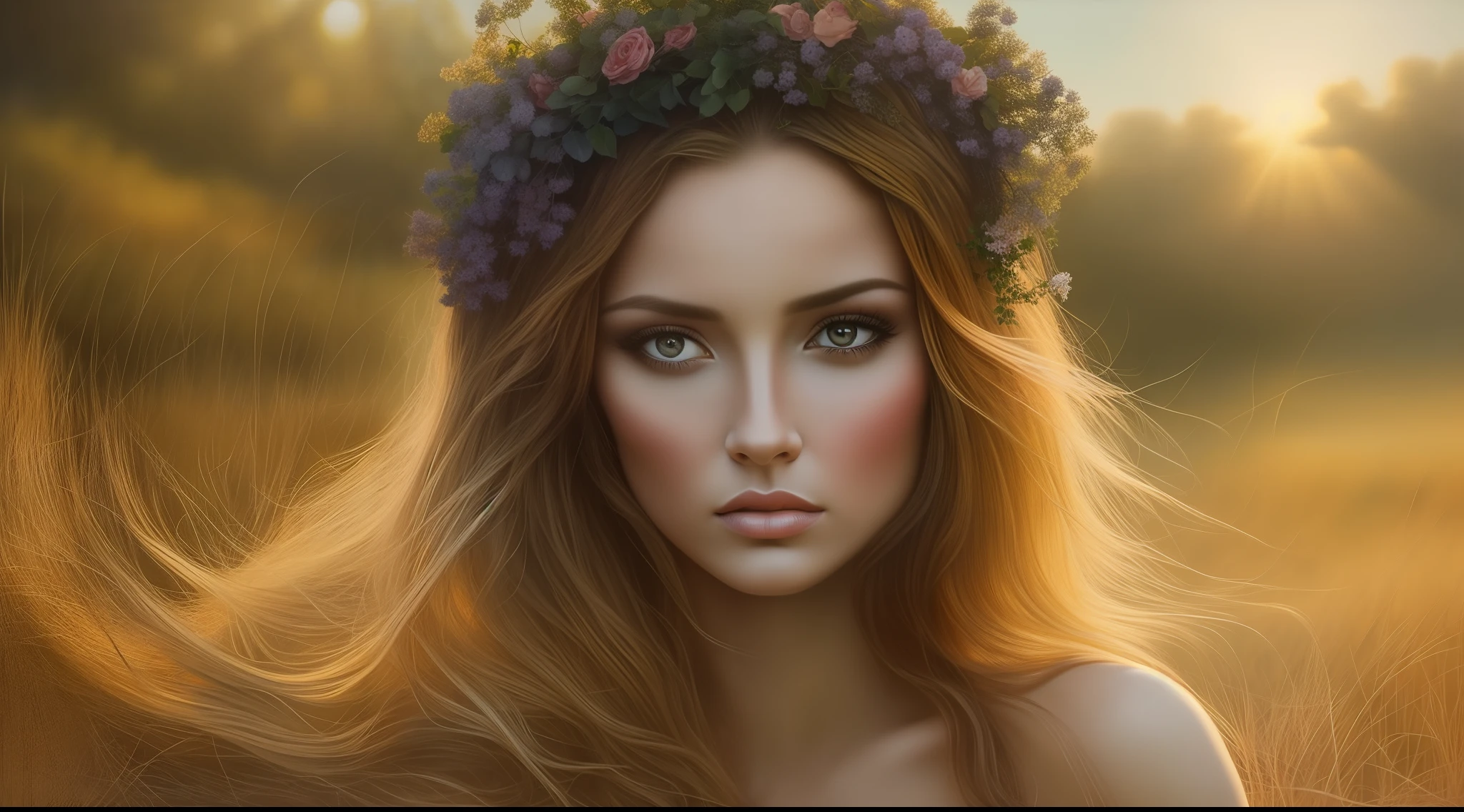 mulher bonita com cabelo curto sentado em um campo com uma pintura em um cavalete, pintura sensual, realismo estilo de arte, classical oil painting, master part, melhor qualidade, ultra detalhado, sunset light, 8k