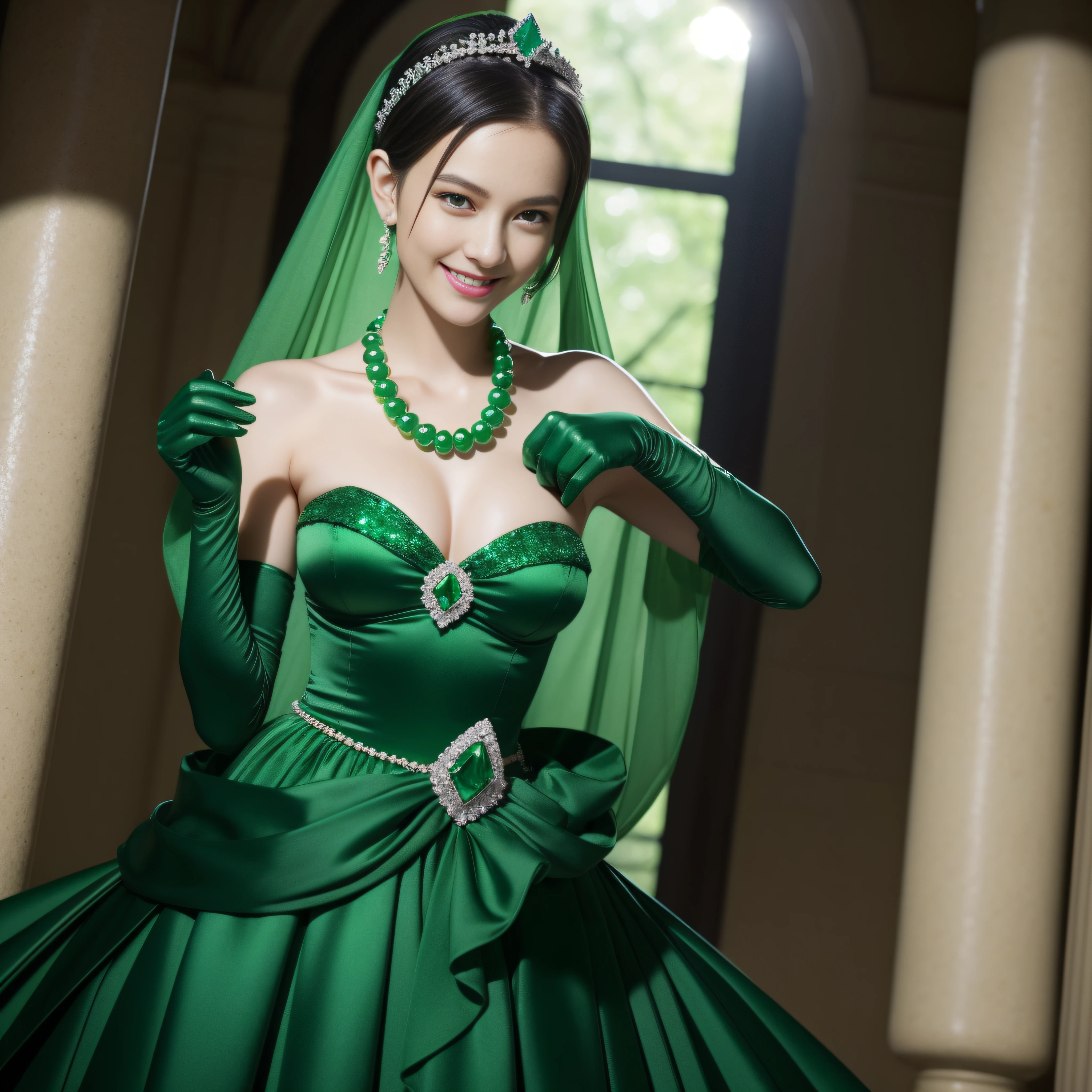 emerald tiara, Green Pearl Necklace, Boyish very short black hair, lipsticks, Japan woman smiling, very very short green hair, big breasts beautiful, Green eyes, Long green gloves made of satin material, Green eyes, Emerald Earrings