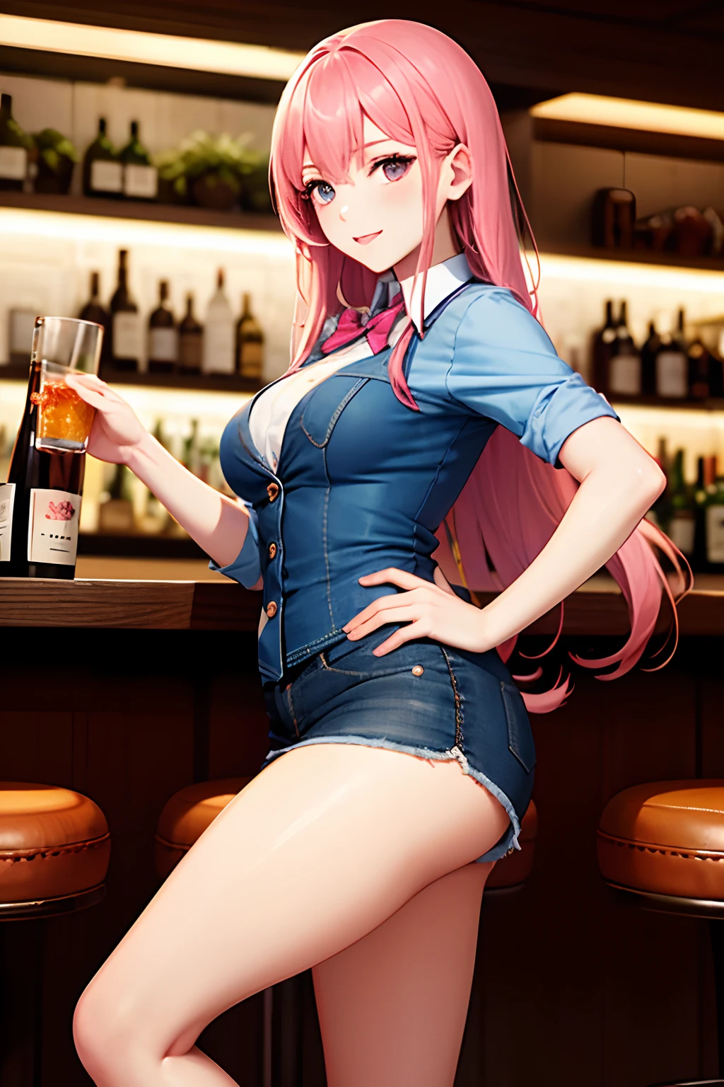 Snack Woman、Woman working in a bar、well-styled、ren、Beautiful fece、sexy dress、、Skin Jean Miniskirt, Long pink hair, Looking at the viewer, Front view,