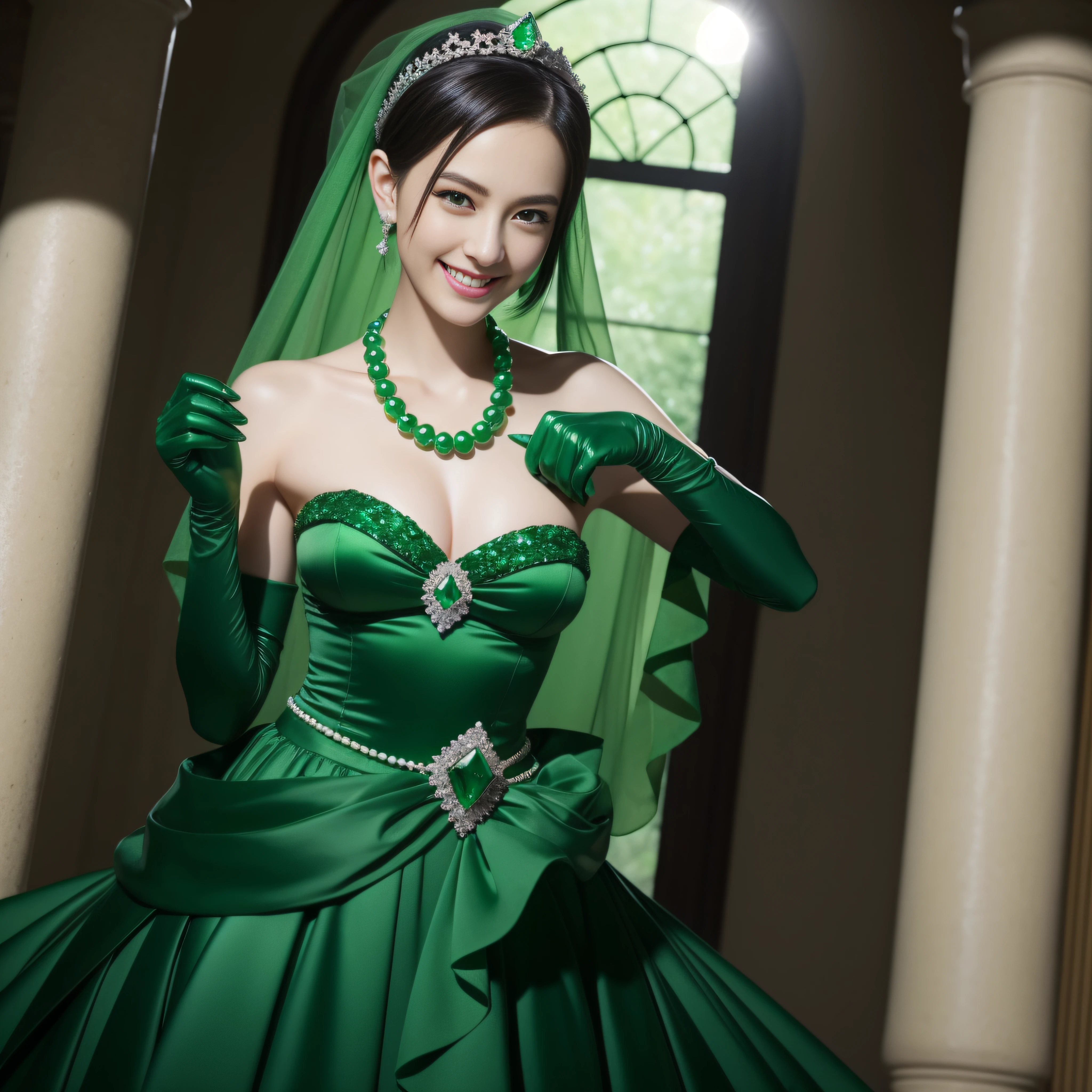 emerald tiara, Green Pearl Necklace, Boyish very short black hair, lipsticks, Japan woman smiling, very very short green hair, big breasts beautiful, Green eyes, Long green gloves made of satin material, Green eyes