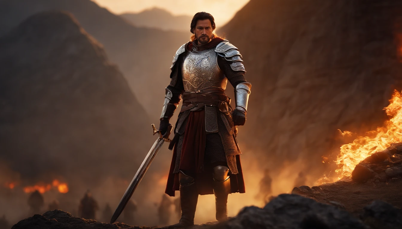 (absurderes, Intricate details, Masterpiece, Best quality, very high res, 4K), 1 male, , Magnificent, Middle aged,armor, Fine armor texture, with short black hair, Amber eyes, Carry a big sword on your shoulder, Dominate the camera, Countless armies under the mountain, Detailed background, (Light fantasy theme:1.1), on focus, Fiery sun, Sunshine, battlefiled, City gate tower, Divine aura, Bright and realistic lighting, 废墟, Intense atmosphere, Flags full of mountains, Armory,  Depth of field, Fire effects，There are people fighting in the background