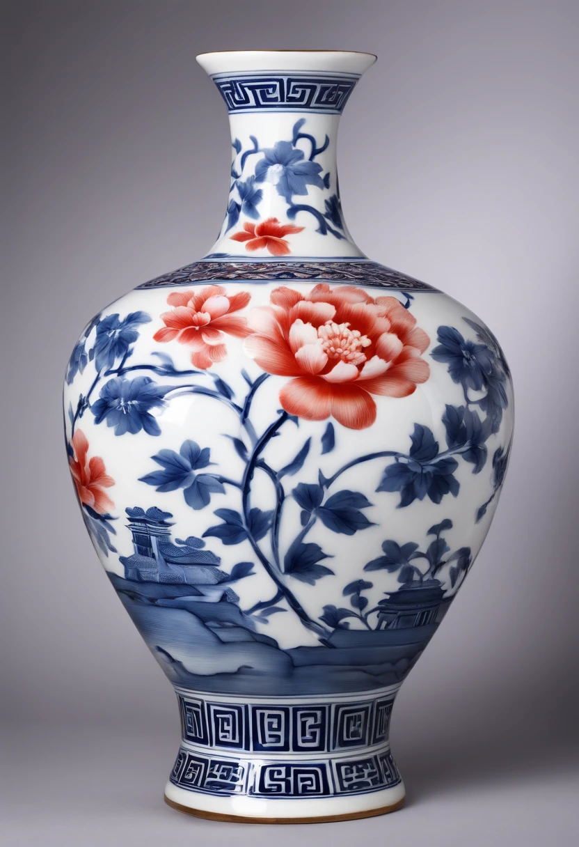 Ancient Chinese blue and white porcelain vase,Close-up of details,,Well-made porcelain vases,Sleek shape,Exquisite,The porcelain vase has exquisite painting patterns on it,Porcelain white bottle,Ancient peony flower pattern,Dazzling light,Elevation viewing angle,3D,8K