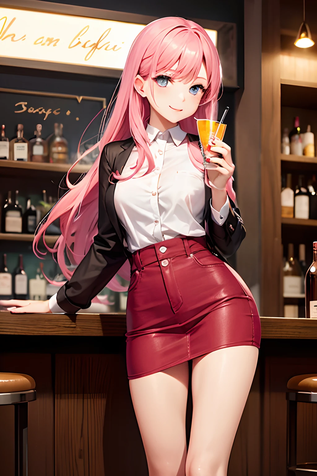 NSFW、(masterpiece, highest quality: 1.2), (High resolution: 1.1), (highest quality), Black and pink hair、(Twin tails)、(Pink Shirt)、Black Skirt、Black knee socks、(Nightclub)、Champagne on the table、A glittering atmosphere、Sit on a high-end sofa、(Surrounded by men in black)、smile、Enjoy the conversation、drinking champagne