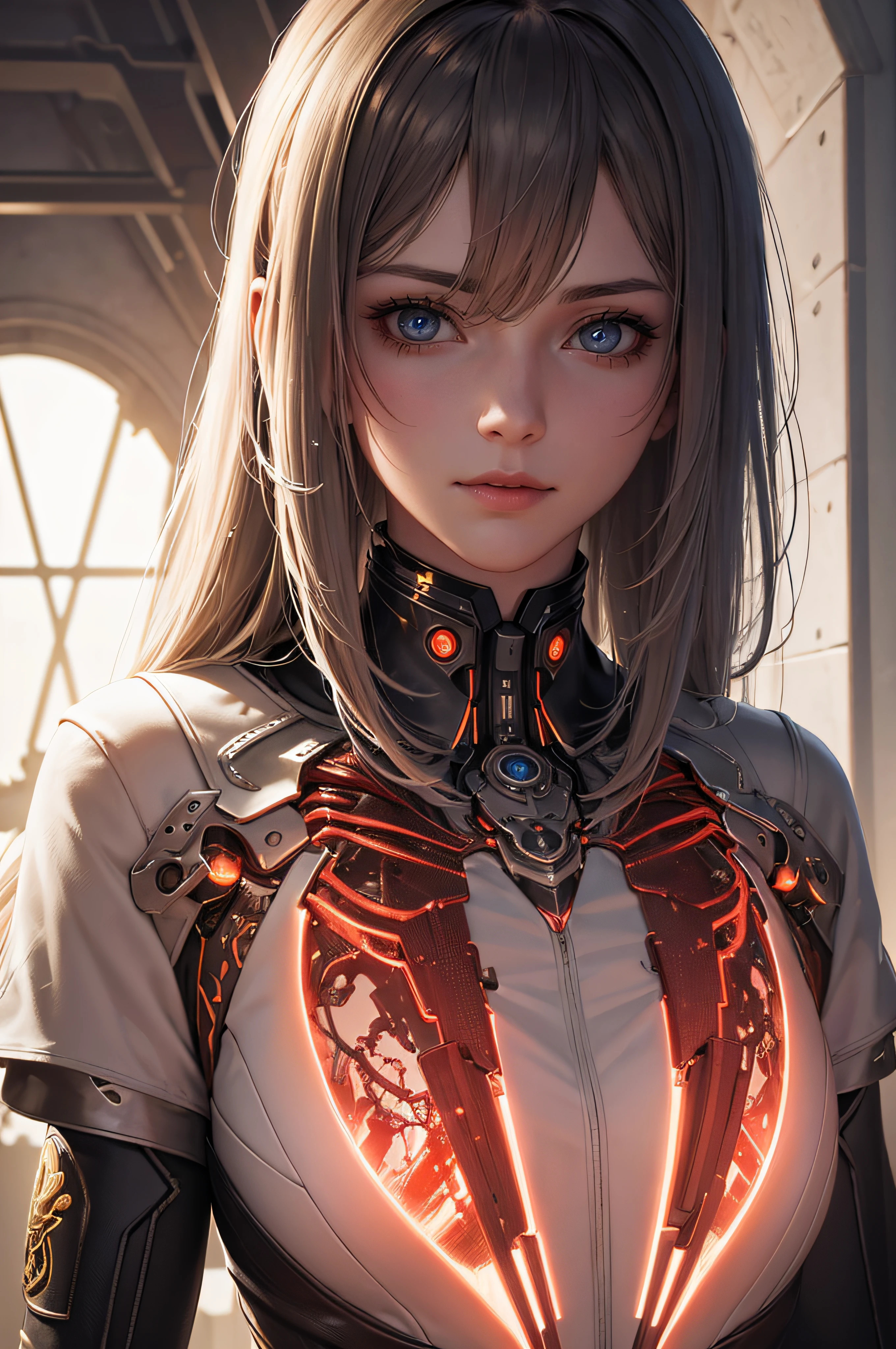 1 mechanical girl,((Ultra realistic details)), portrait, Global lighting, ombres, octane rendered, 8k, ultra net,metals,complexe, ornaments detailed, couleurs froides, Egyptian details, Very complex details, realistic light, tendance sur CGsociety, yeux brillants, Front camera, neon details, membres macaniques,blood vessels connected to tubes,mechanical vertebra attaching to the back,mechanical cervial attaching to the neck,assis,wires and cables connecting to head