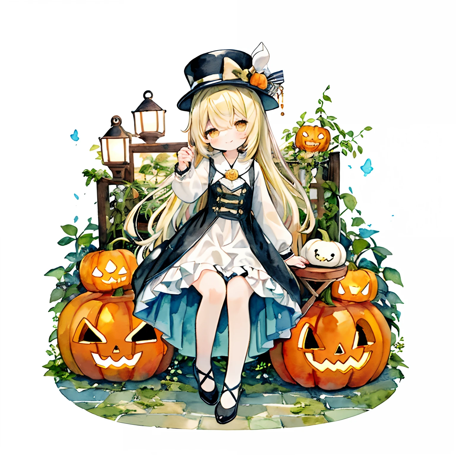 PastelColors:1.5)、(Cute illustration:1.5)、(watercolor paiting:1.2)、Light blue background、girl with、full body Esbian、facing front、Pumpkin motif、Smile on your lips、Looks fun、Innocence、Golden hair、lantern、Small cloth and small top hat、Small top hat、A very small top hat that is off the head、Fluttering cloth on hat、Pumpkin in a hat、natta、murky、Sit on the pumpkin、ivy、stretch、Yellow eyes、Orange motif、White cloth、Street
