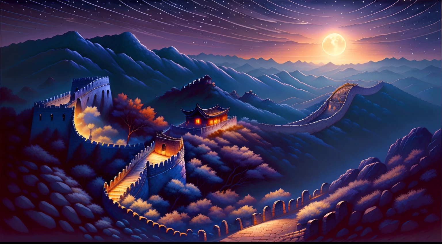 Beautiful painting of the Great Wall of China, Soft moonlight in the night sky, In the magnificent John Howe landscape, Backlight, fantasy, k hd, greg rutkovsky, art  stations, illusory engine, Light effect, Lupu fairy tales