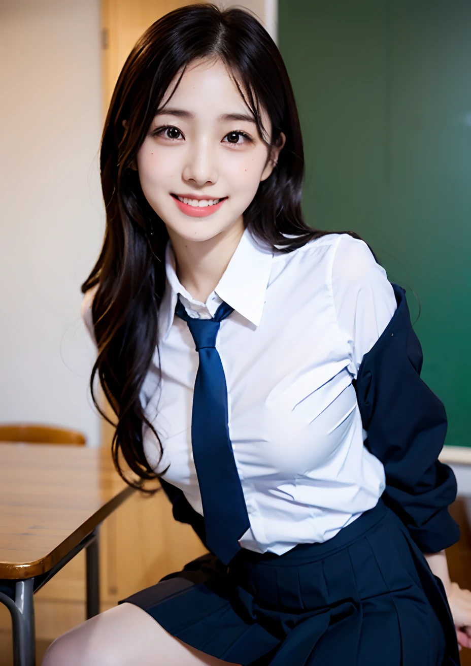 (8K, best quality, masterpiece:1.2), (realistic, photo-realistic:1.37), (high color saturation:1.0), (highly detailed skin), (highest quality:1.0), (ultra high resolution:1.0) ,(realistic:1.0), (Super detailed:1.0), (8K, Raw photo:1.1)、standing random pose, smiling, natural breast, perfect lighting, ((3girls students)), 18years old, (mysterious), clear and detailed, ((school_uniform, Japanese sailor uniform, flared skirt)), (classroom), cute face, (no panties),