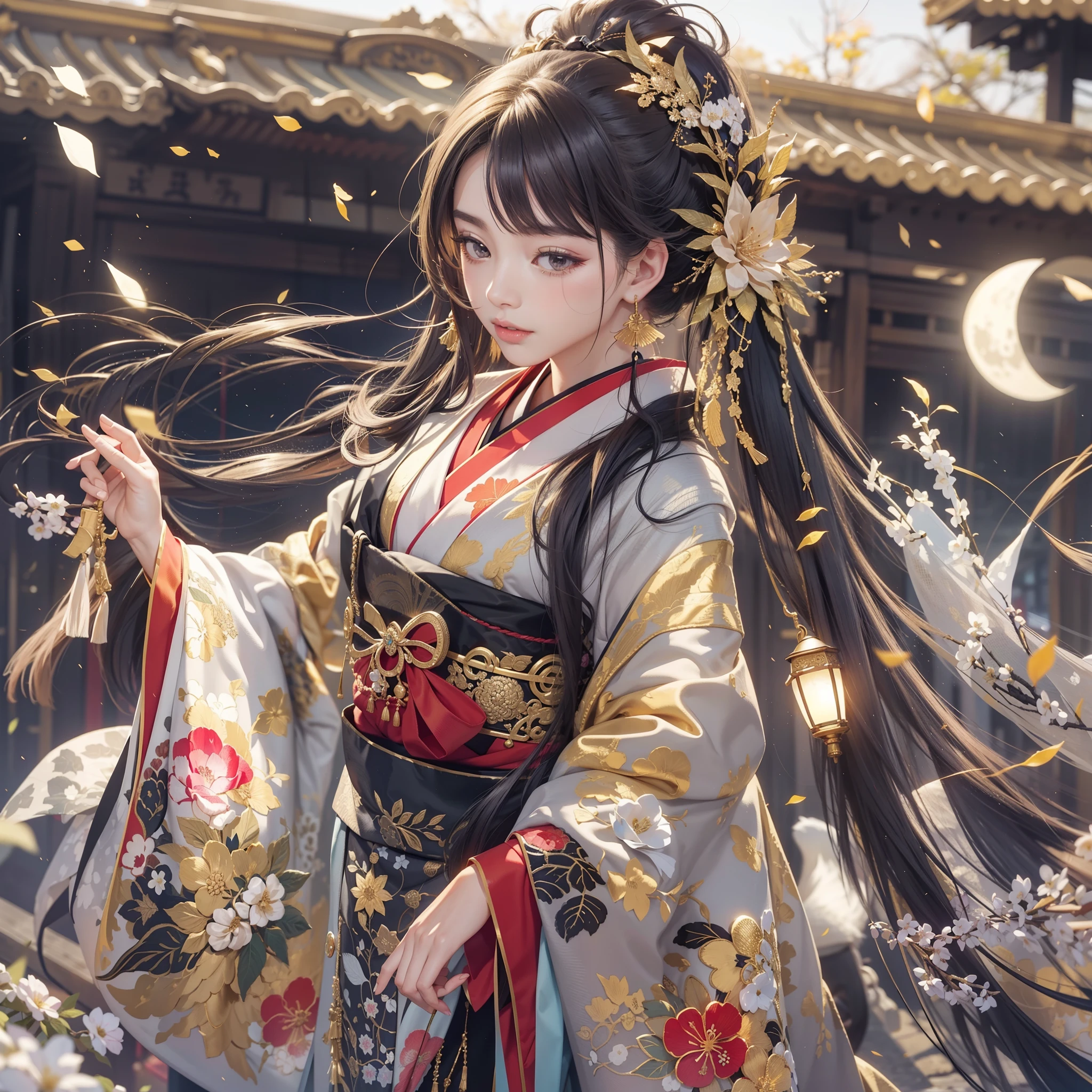 a moon、Detailed background((ancient city:1.2),细致背景)、Elegant backgrounds,Zen entanglement, glossy dark hair,poneyTail,Lots of bouquets in hand, BREAK,elaborate costume{Luxury kimono(Colorful kimono(Detailed golden embroidery,))}、Japanese Idol(actress),Depict a beautiful and graceful woman of Japan。Heart in the eye。 Wallpaper 8K, .Blur the background with a sickle,((masutepiece)), ((Best Quality)),{{a portrait photo of}},full body Esbian