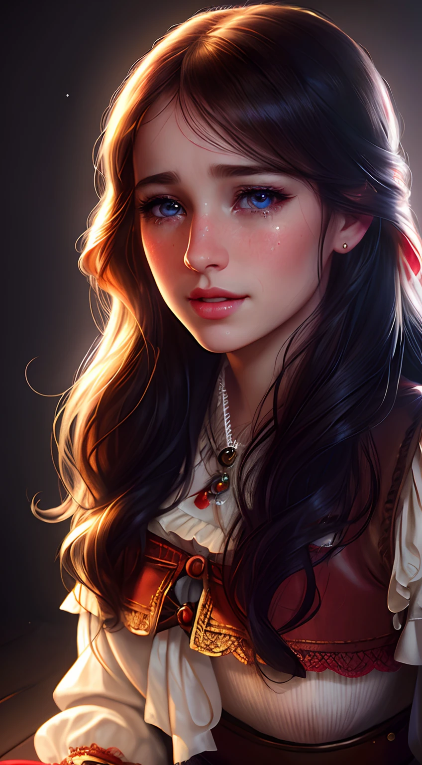 Portrait of A beautiful western girl who is being spanked, biting lips and tears, crying, realistic, innocent face, cutie patootie. perfect eyes, perfect lips, perfect nose, professional color graded, wonderful woman, dark background, cute woman, crying loudly, tears from eyes, red nose, Anna Dittmann