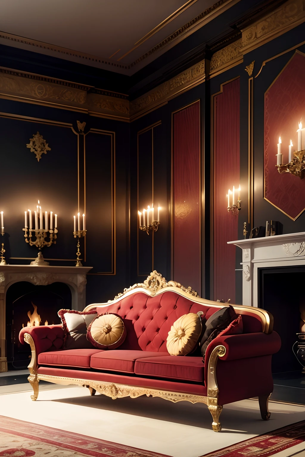 Large imperial Gothic living room with fireplace, Black walls with gold and red decoration, An imperial-style sofa with crimson red upholstery and fine gold décor, sillones estilo trono en las esquinas con tapizado rojo, piso negro y una gran alfombra roja. Techo acampanado negro, Unique dim candle lighting on the walls