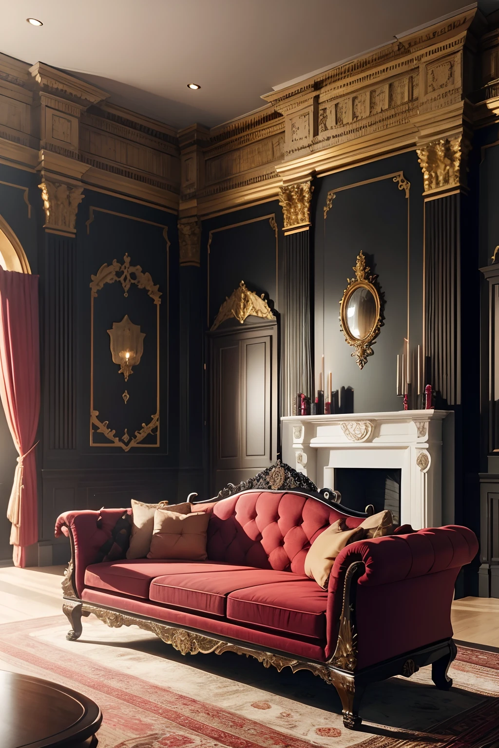 Large imperial Gothic living room with fireplace, Black walls with gold and red decoration, An imperial-style sofa with crimson red upholstery and fine gold décor, sillones estilo trono en las esquinas con tapizado rojo, piso ????? y una gran alfombra roja. Techo acampanado ?????, Unique dim candle lighting on the walls