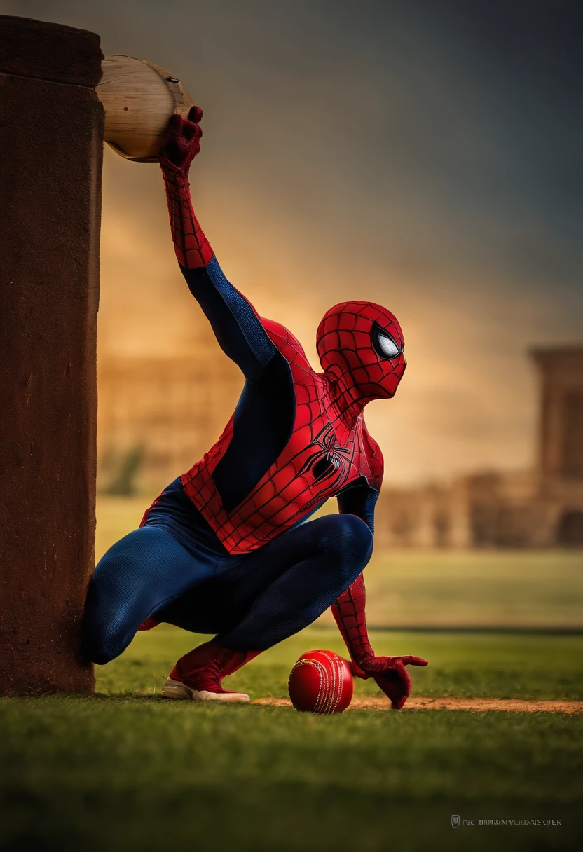 spiderman, playing cricket, bat, portrait shot