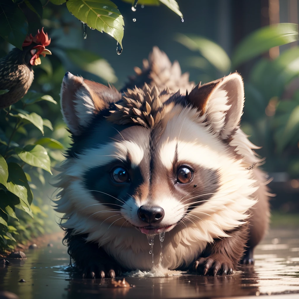 Raccoon, hedgehog, rooster, HD, drenched detail, 8K, ultra detailed --auto --s2