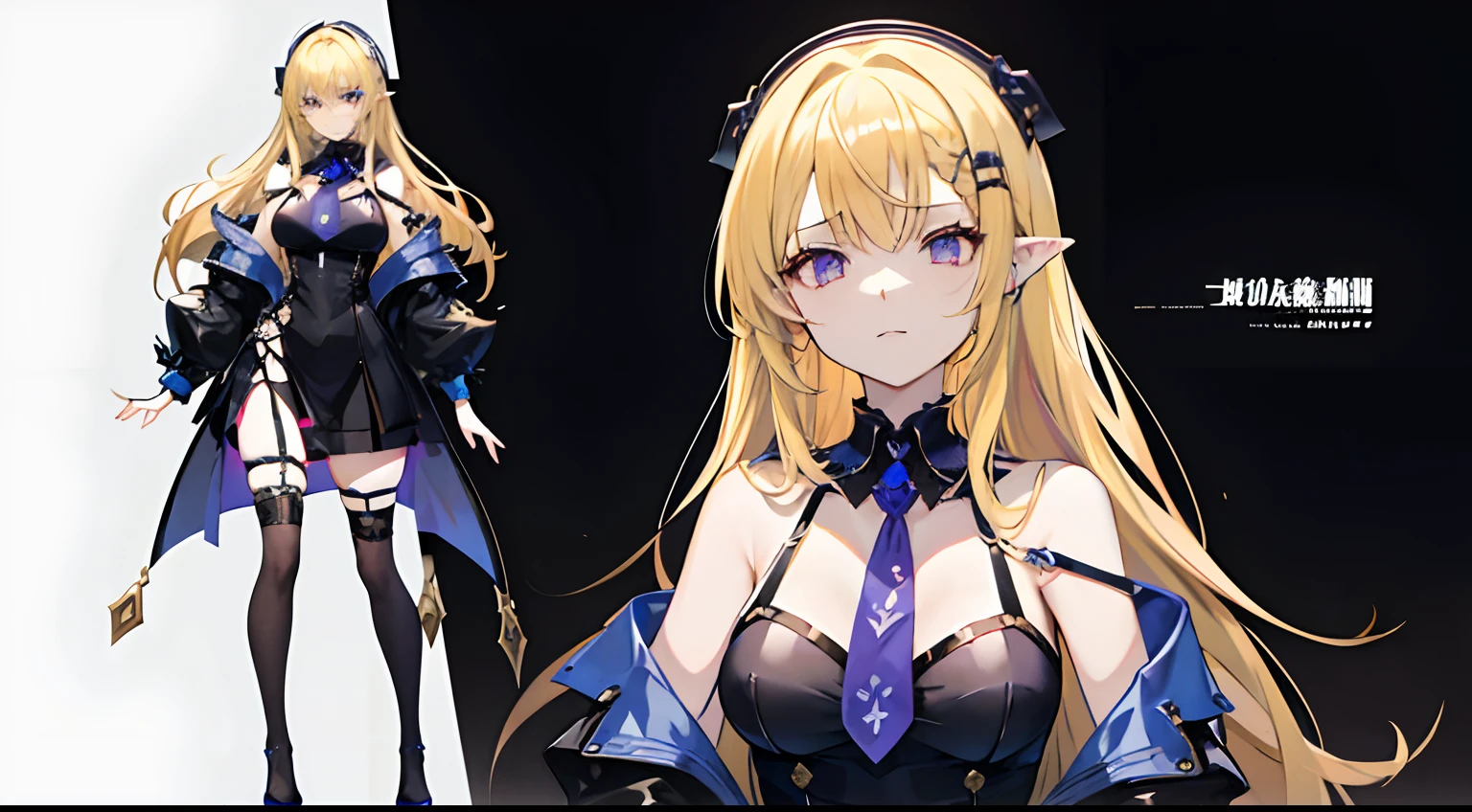 draw an anime girl in her 20's with medium length multi colored hair (e.g. blonde and blue) and bangs. her pointy ears poke out of her hair, and she's wearing goth clothing such as a black and purple dress with a lace pattern, knee length stockings, and combat boots. she has a thin and delicate build, and her eyes are sharp and piercing. her expression is stoic, but not cold, as if she's analyzing a situation or person. she doesn't need to be smiling, but shouldn't appear angry or upset either.