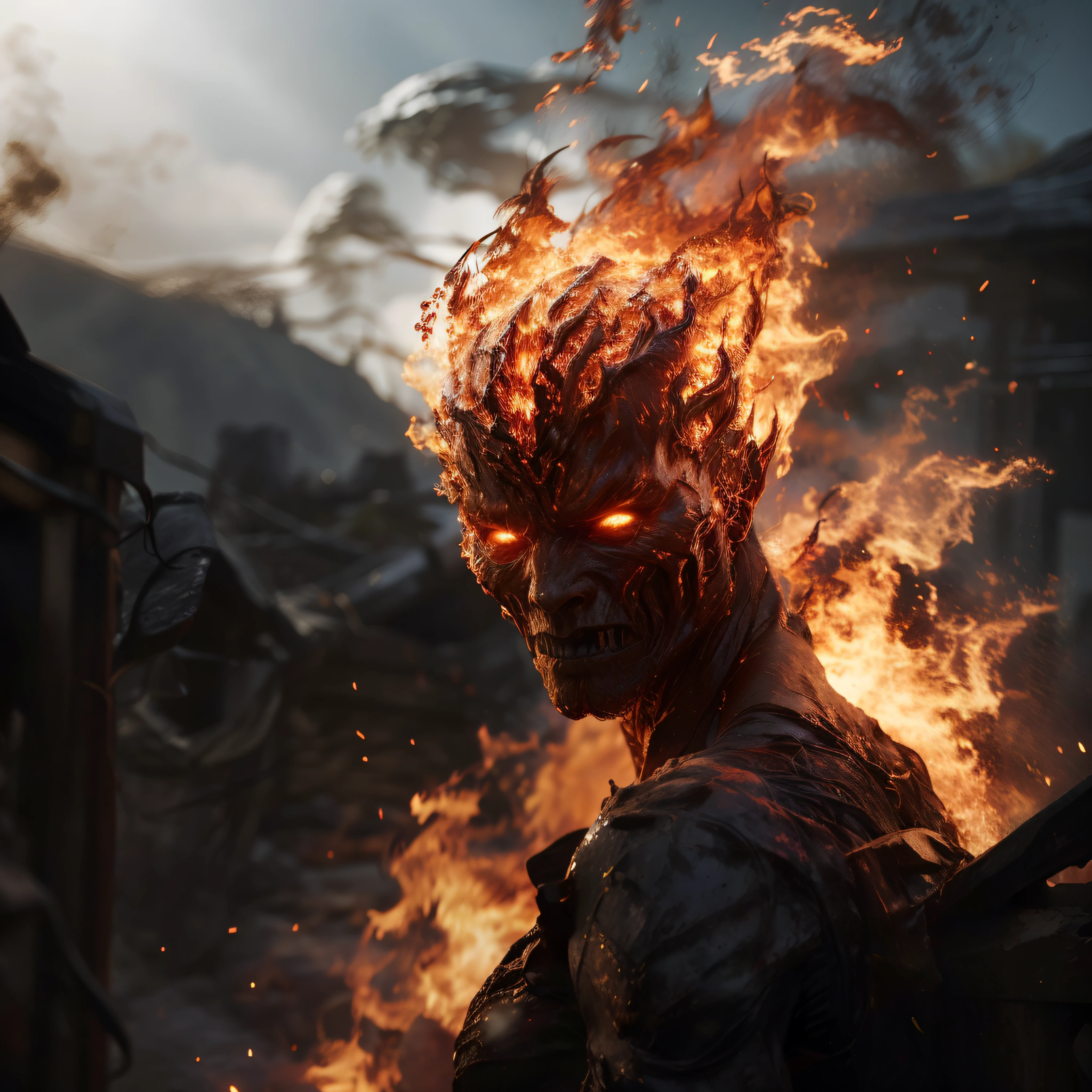 highly detailed photo of fire elemental:1.2 burning up a countryside, ((full body)), realistic, depth of field, blurry background, photorealistic, cinematic photography, edge lighting,