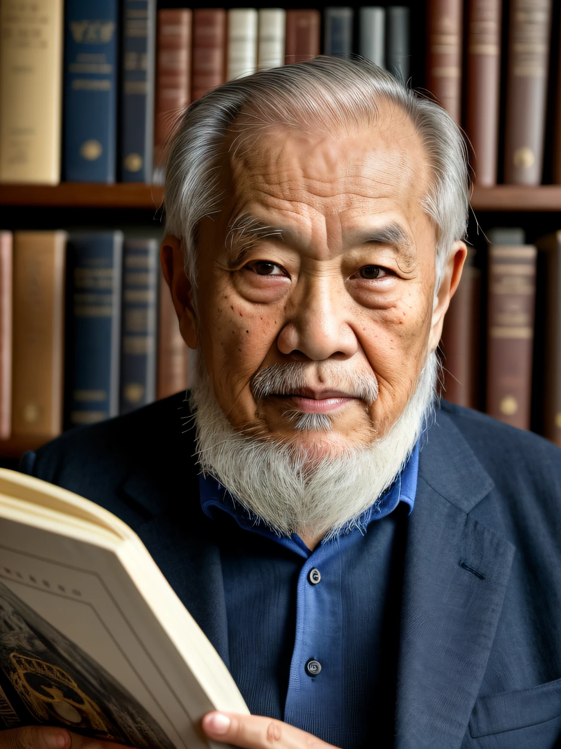 Hyper-Resolution, Ultra photo realsisim, cinema shot, Vignette, Portrait of an 80-year-old Asian man，Look at the viewer，An elderly Asian man，Books in hand,Spiritual old man,Single image，Thin and thin, Old blue eyes, Short white hair, Bookshelf background，White Viking beard, Narrow face，dark-skin, Wide shoulders, Weathered by sunlight and water, Gold pattern royal twin peaks, The Royal Chambers camera is focused on the eye, High focal length, Bust photo，Faraway view，Digital SLR, Dark Studio, rim lit, twotonelighting, Dimly lit, low tune, Backlight,