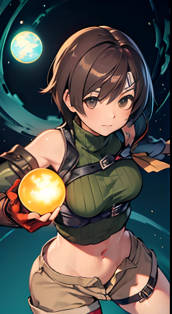 Top image quality,((detaileds)),(((reallistic))),4K,masutepiece,1 girl,reaching out her hands,Short hair, head band, Sleeveless, turtle neck, Brown eyes, sleeveless turtleneck,  gloves, ,croptop, Brown hair ,Midriff, armor,open fly, Fingerless gloves, Ribbed sweater, Shorts,medium breasts, Yuffie_Kisaragi_01,slender,Fantasia,Blue light-emitting sphere,(((Fractal Art))),Skysky