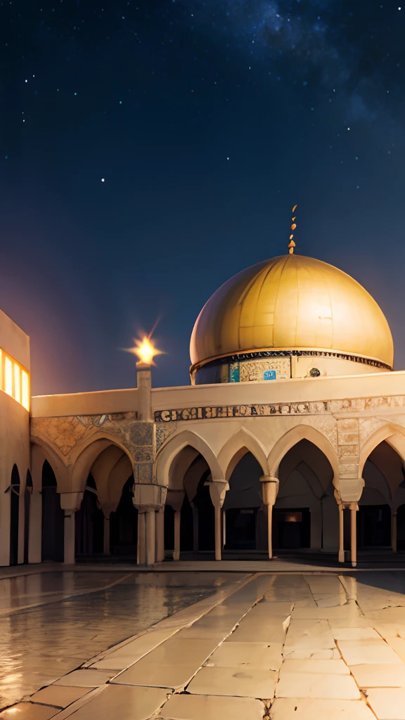 masjid aqsa in fairy tail, The scene should be illuminated by the soft glow of the mosque's lights, with the night sky filled with countless stars