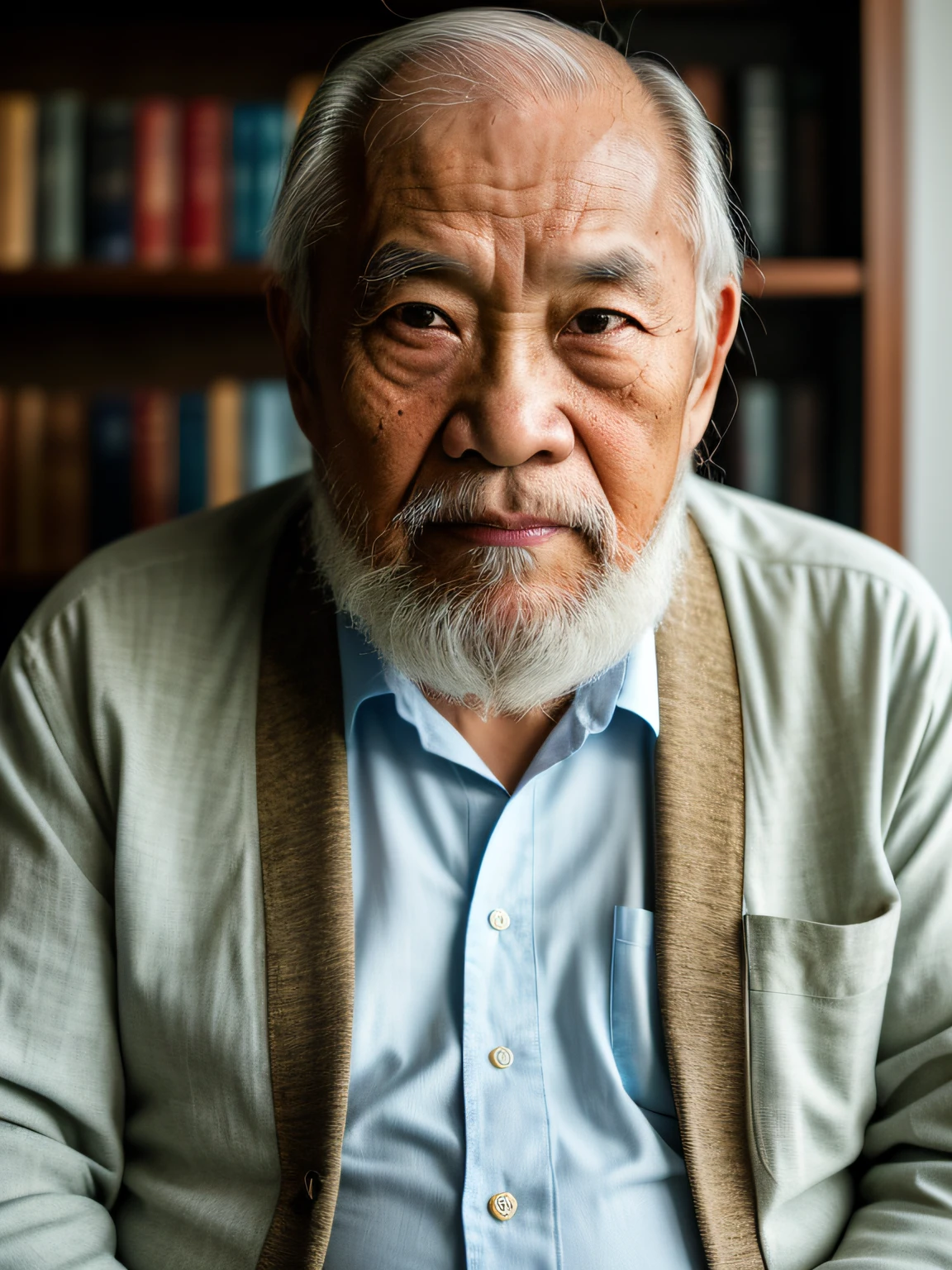 Hyper-Resolution, Ultra photo realsisim, cinema shot, Vignette, Portrait of an 80-year-old Asian man,Look at the viewer,An elderly Asian man,Books in hand,Spiritual old man,Single image,Thin and thin, Old blue eyes, Short white hair, Bookshelf background,White Viking beard, Narrow face,dark-skin, Wide shoulders, Weathered by sunlight and water, Gold pattern royal twin peaks, The Royal Chambers camera is focused on the eye, High focal length, Bust photo,Faraway view,Digital SLR, Dark Studio, rim lit, twotonelighting, Dimly lit, low tune, Backlight,